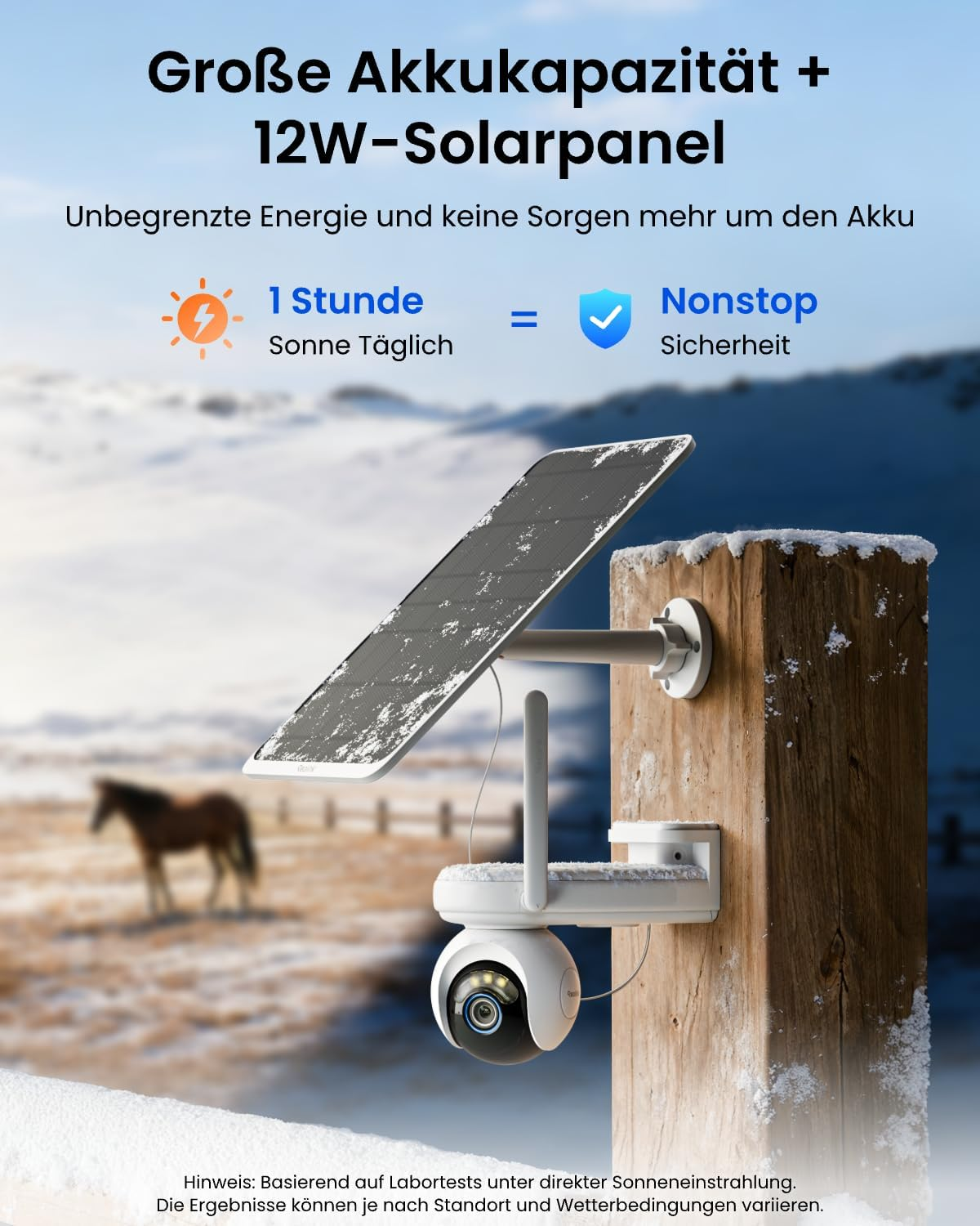 Solarpanel und Kamera an Holzpfosten, im Hintergrund Pferd. Schnee liegt.