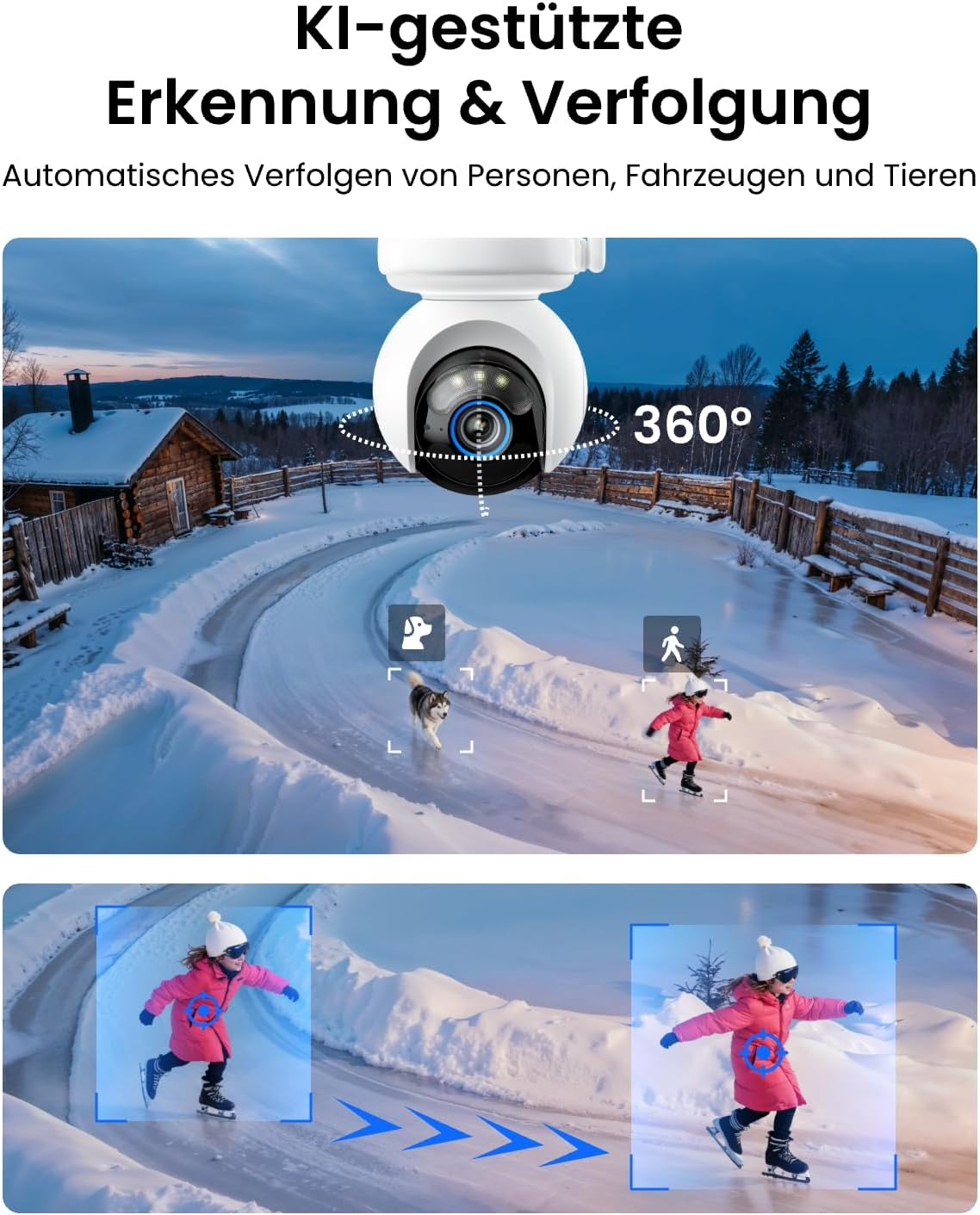 KI-Kamera mit 360°-Sicht verfolgt Hund und Person auf eisiger Strecke.