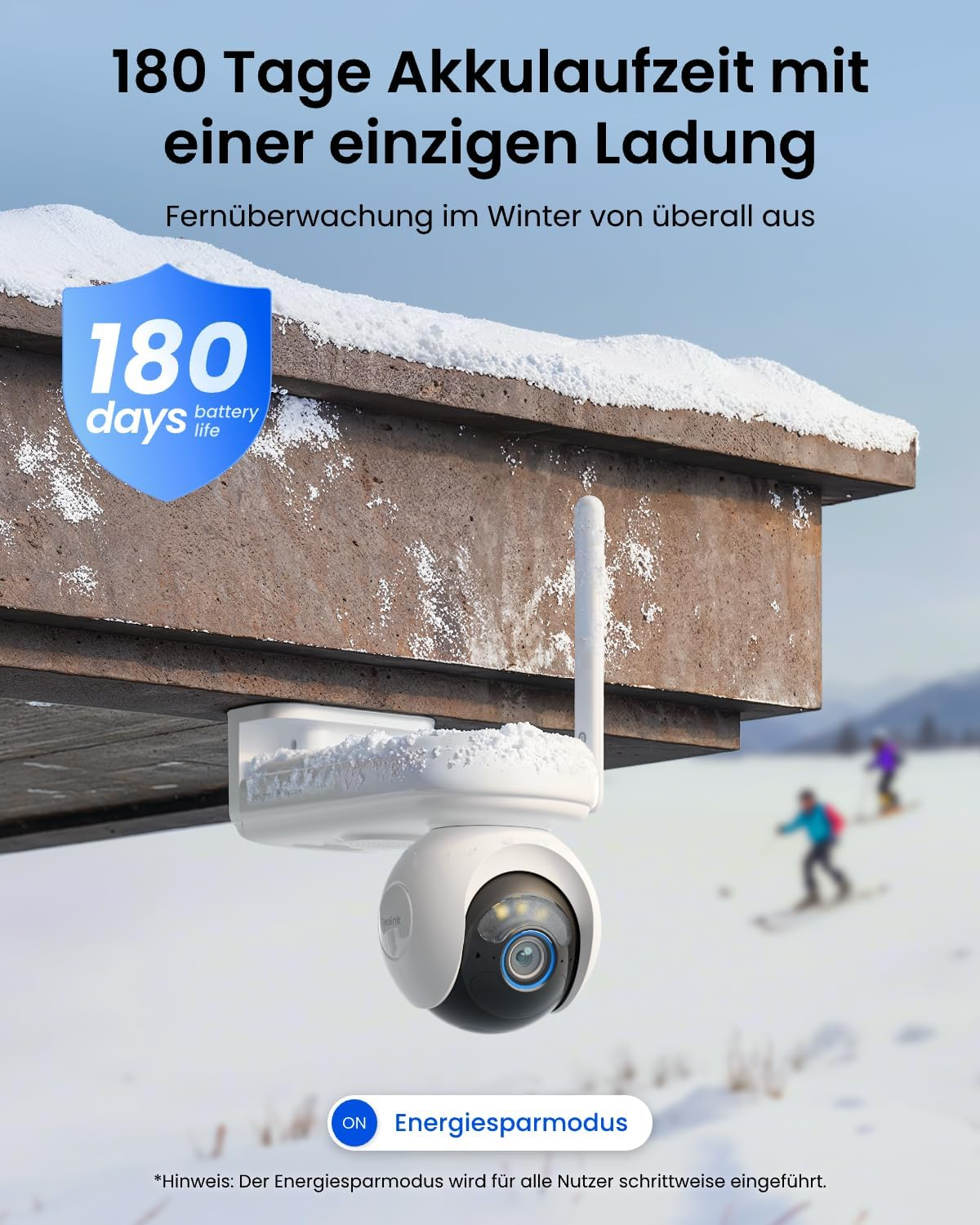 Sicherheitskamera im Schnee mit 180 Tagen Akkulaufzeit-Anzeige.
