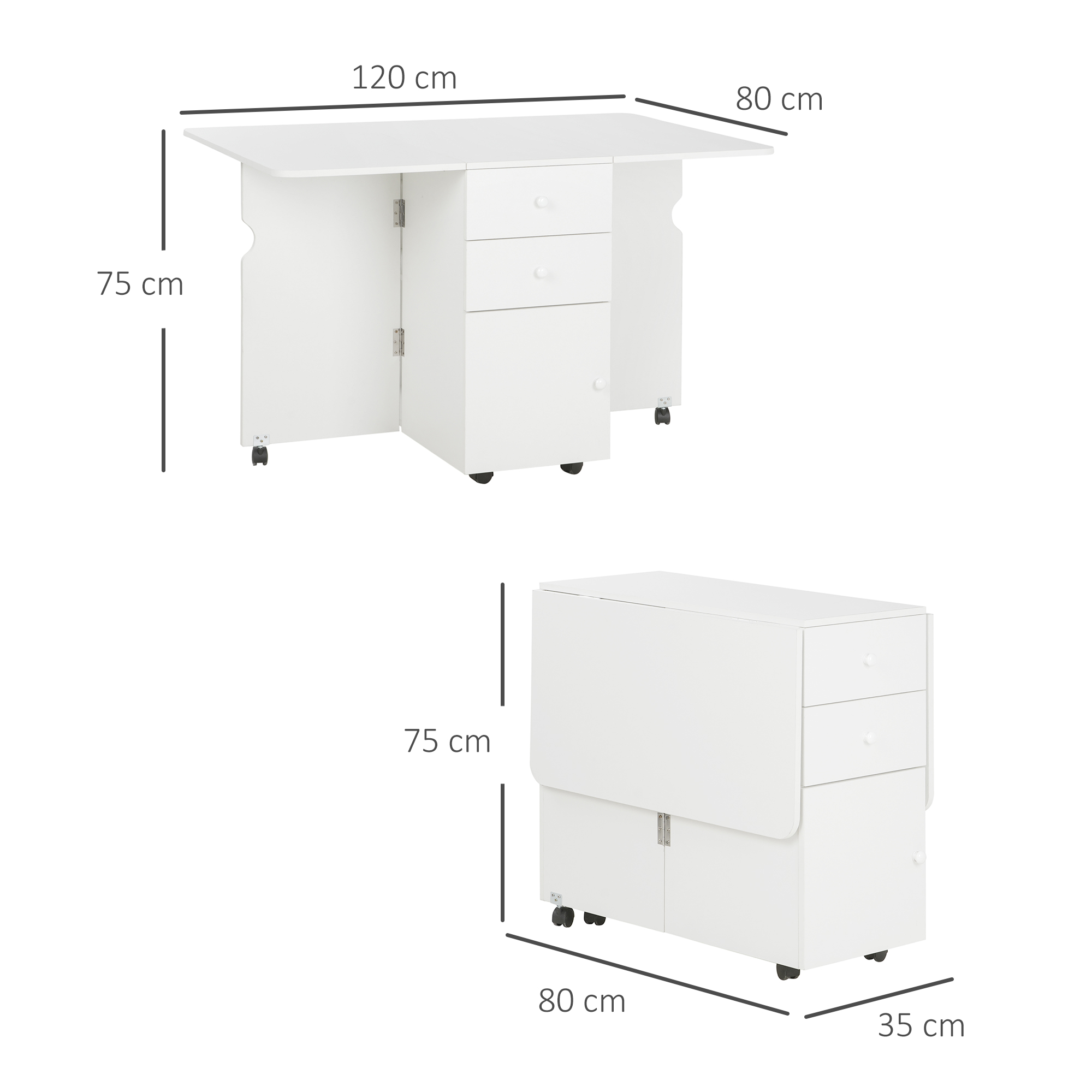 Mesa plegable blanca con cajones y ruedas. Extendida: 120x80x75cm. Plegada: 80x35x75cm.