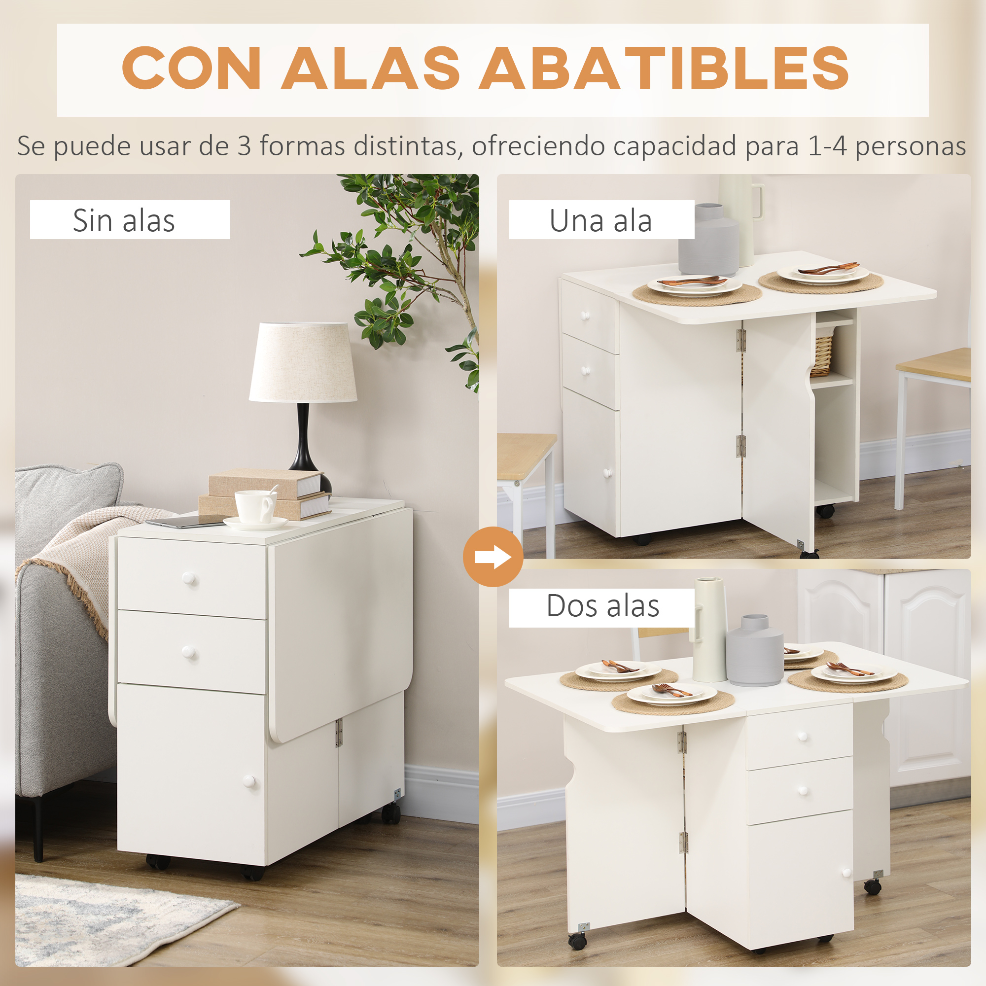 Una mesa plegable blanca en tres configuraciones: sin alas, un ala y dos alas.