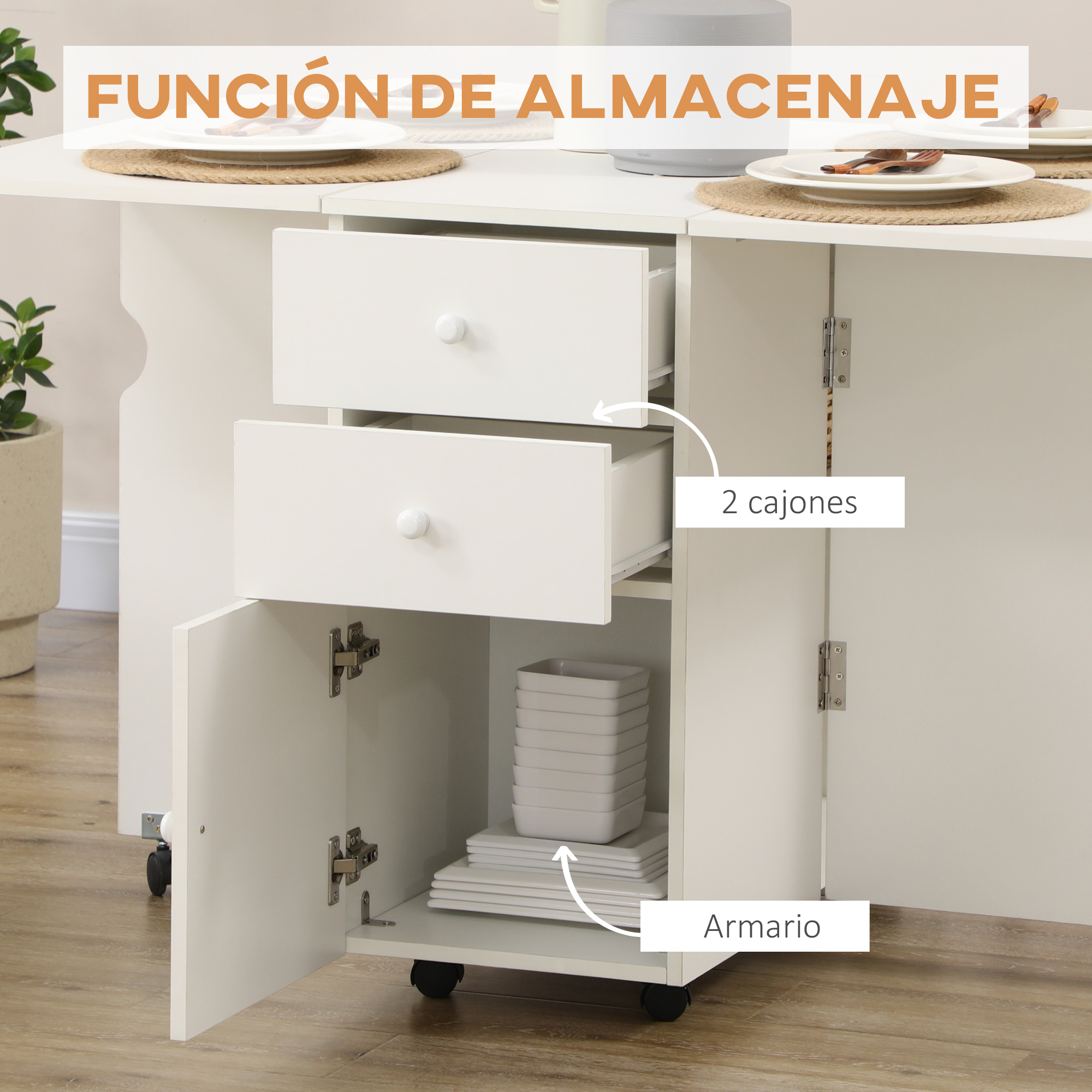 Mueble de almacenamiento blanco con cajones abiertos y armario con vajilla.