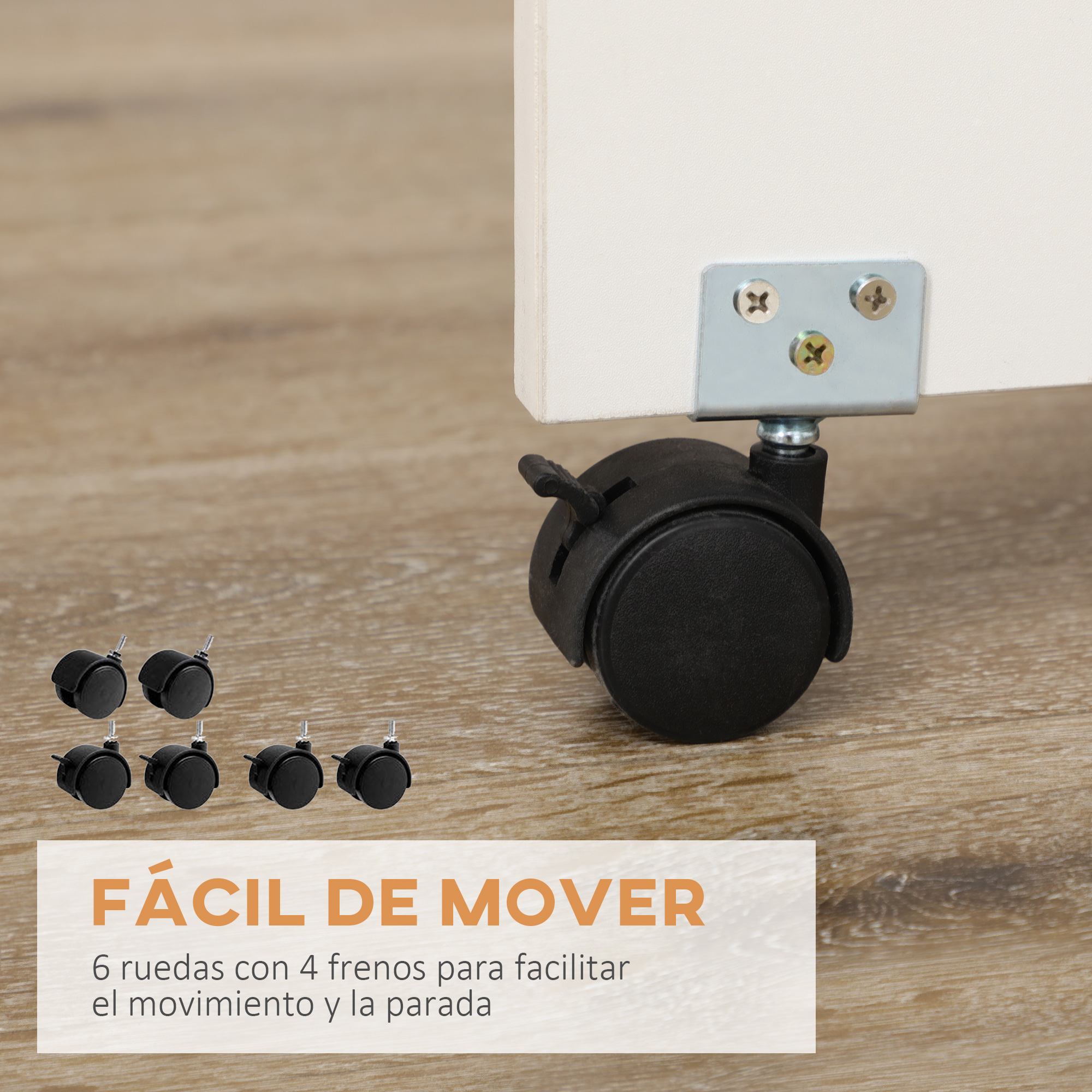 Seis ruedas negras, cuatro con frenos, sobre suelo de madera.