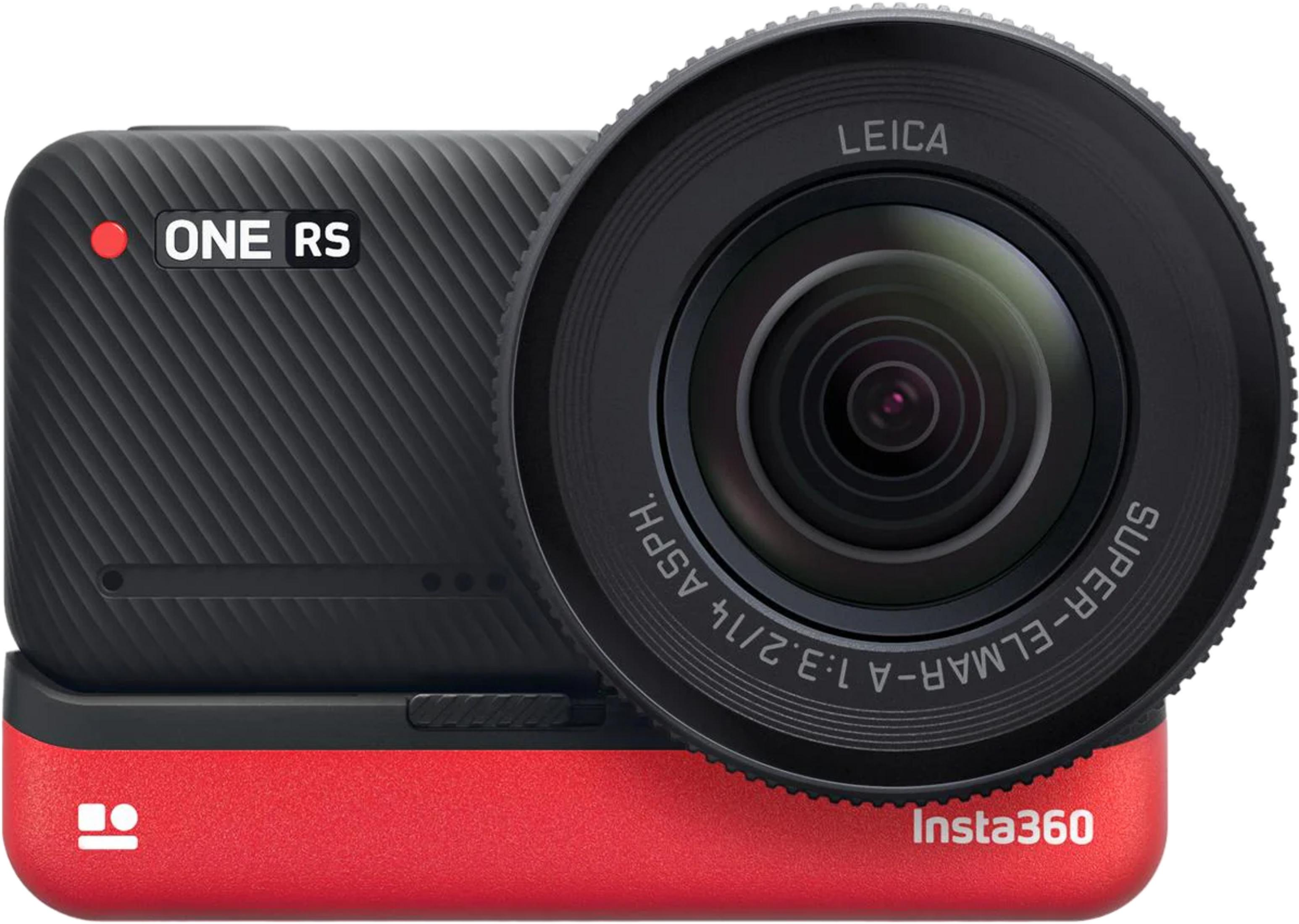 Ein schwarzer und roter Insta360 ONE RS Action-Kamera-Würfel mit Leica-Objektiv.