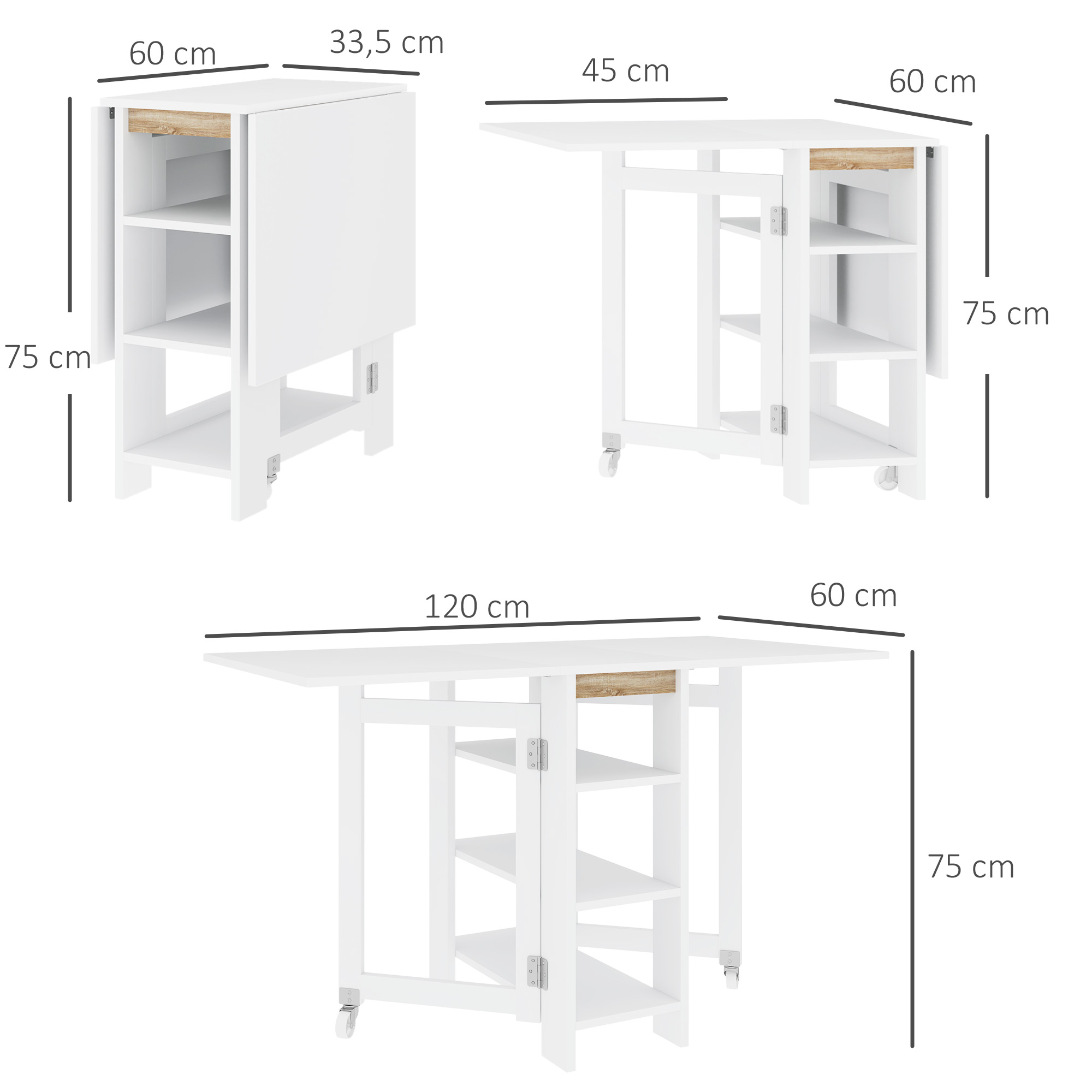 Una mesa plegable blanca con estantes y ruedas, mostrada en tres tamaños.
