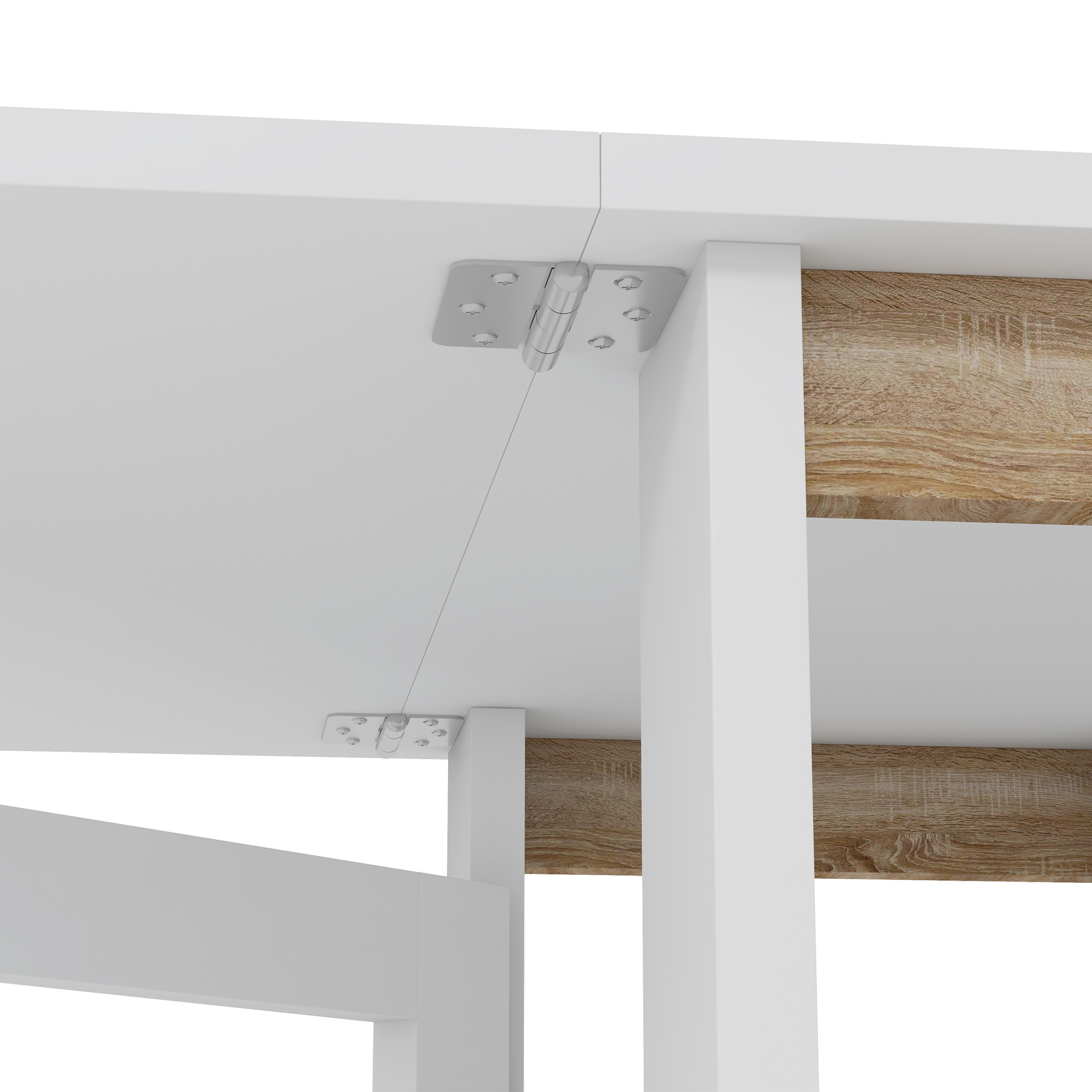 Una tapa de mesa blanca con bisagras y elementos de madera.