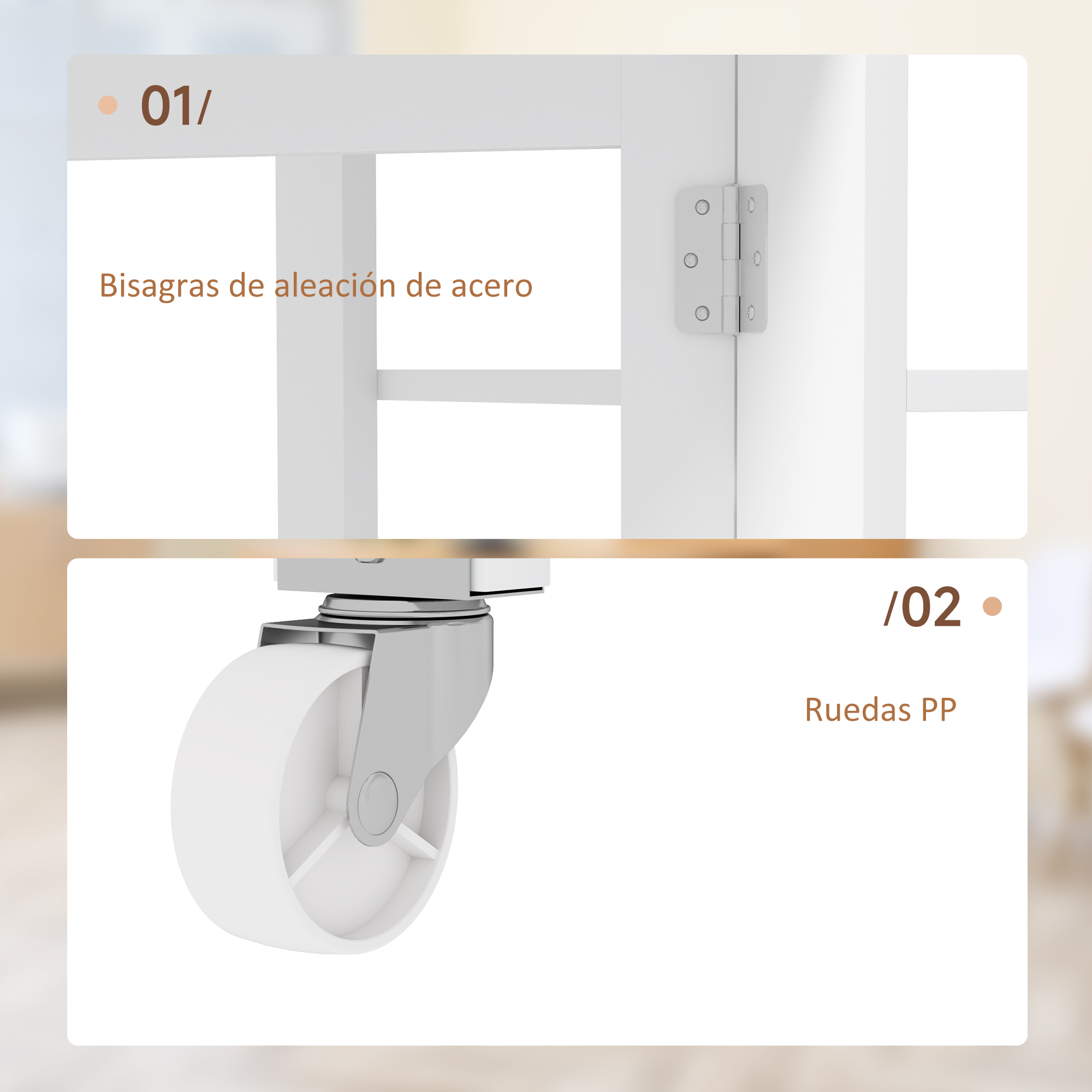 Arriba: Bisagras de metal blanco. Abajo: Rueda PP blanca en marco de metal plateado.