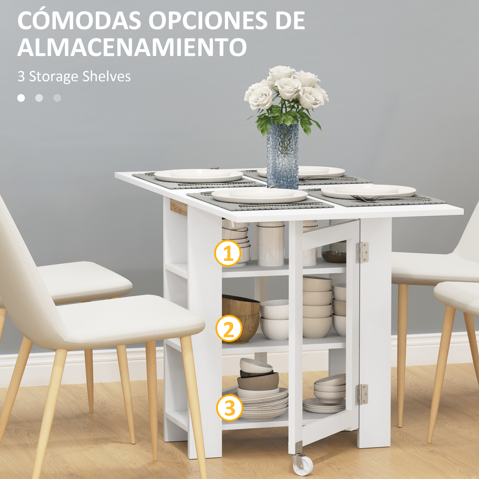 Una mesa de comedor blanca con laterales abatibles, que alberga platos y cuencos en sus tres estantes.