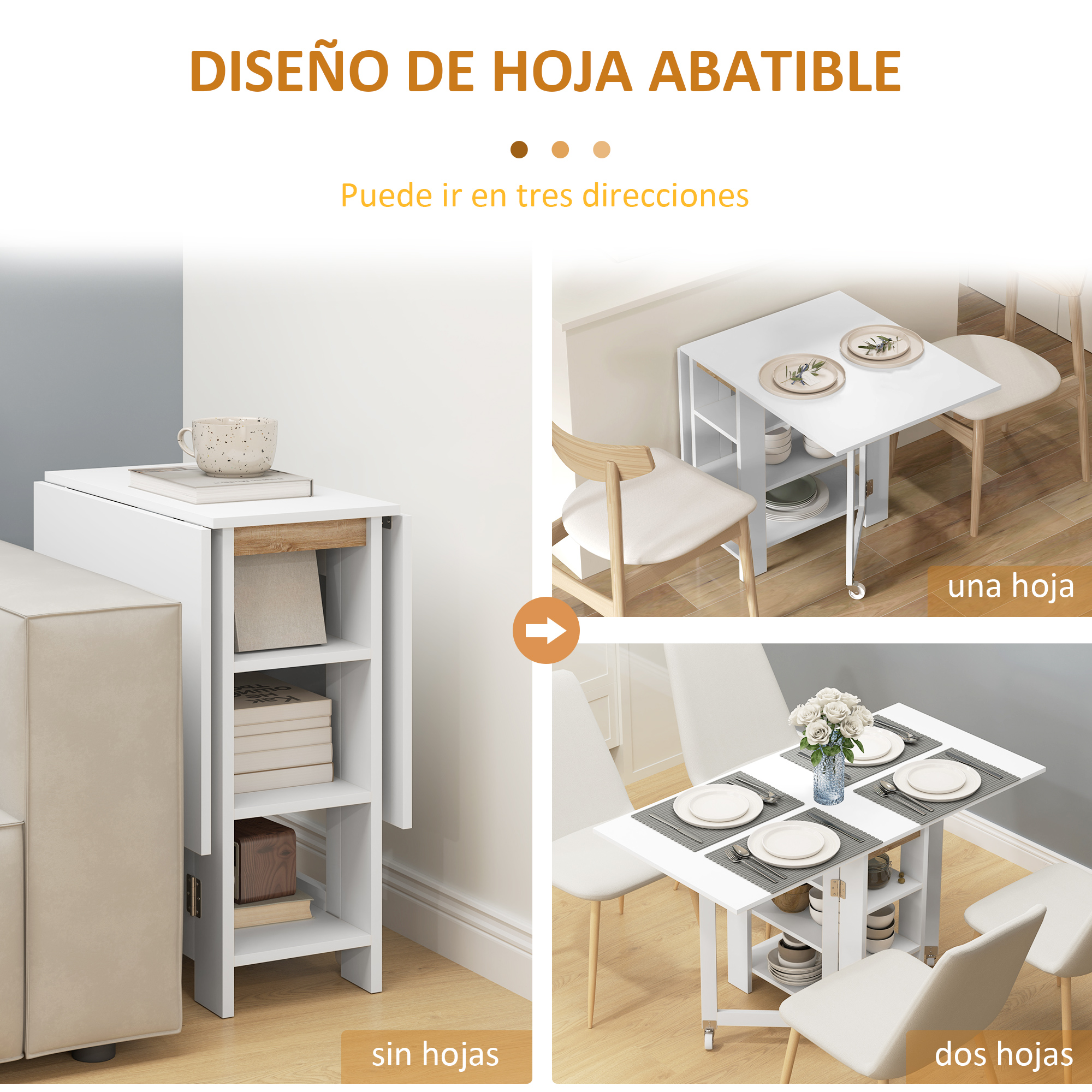 Una mesa blanca y estrecha con tres lados desplegados, junto a un sofá.