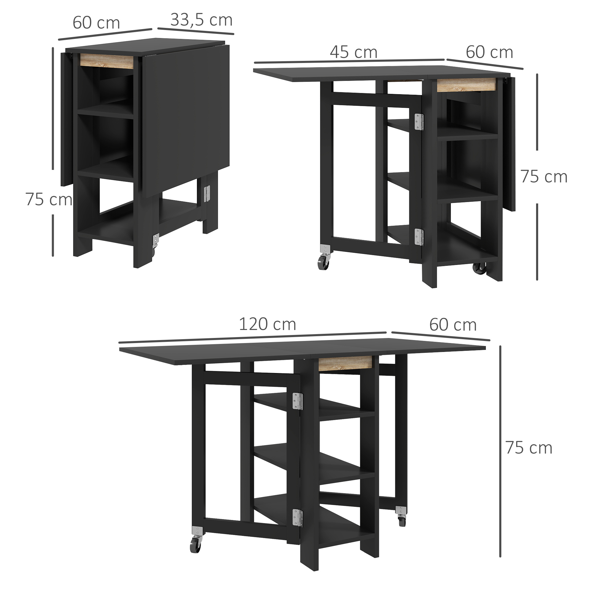 Una mesa plegable negra con estantes y ruedas. Se indican las dimensiones.