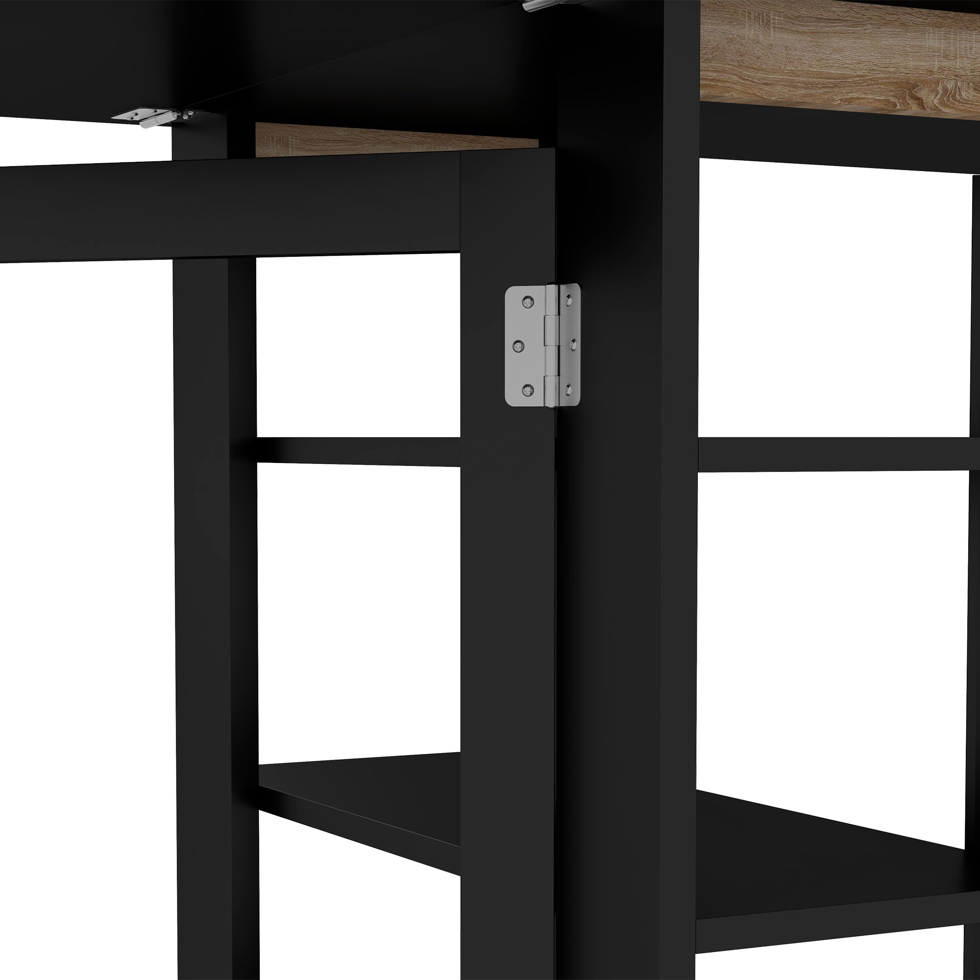 Primer plano de una mesa negra con detalles de madera y una bisagra.