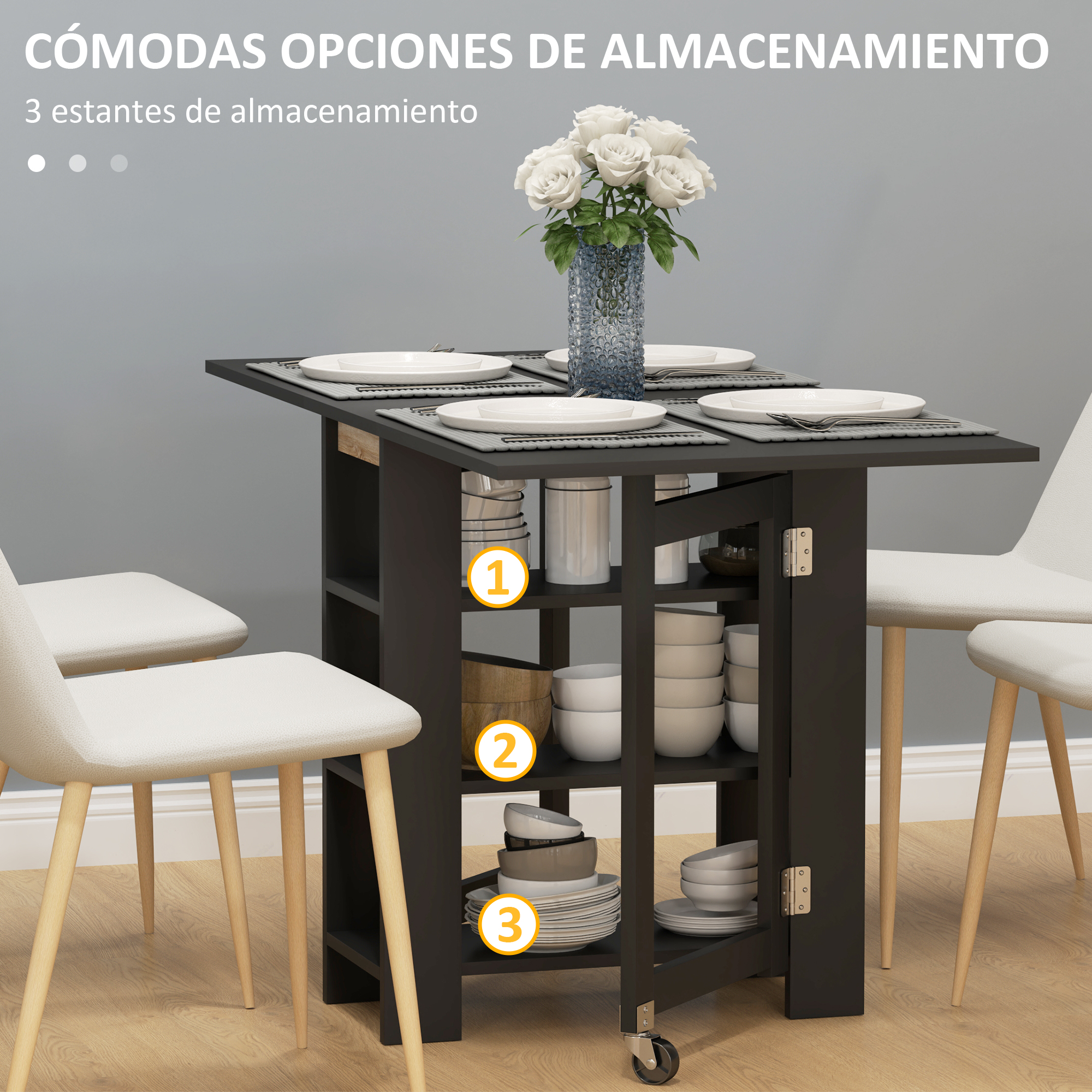 Mesa de comedor negra con alas abatibles, tres estantes y sillas blancas.