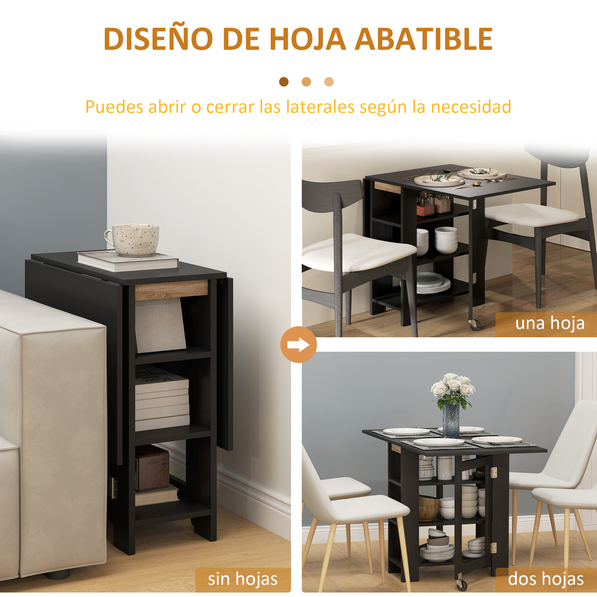 Mesa plegable negra con estantes, una hoja bajada y totalmente abierta con dos hojas.