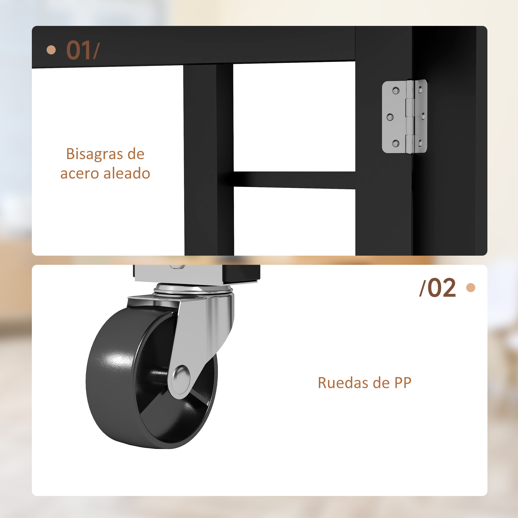 Primer plano de una bisagra negra de metal y una rueda negra con soporte plateado.