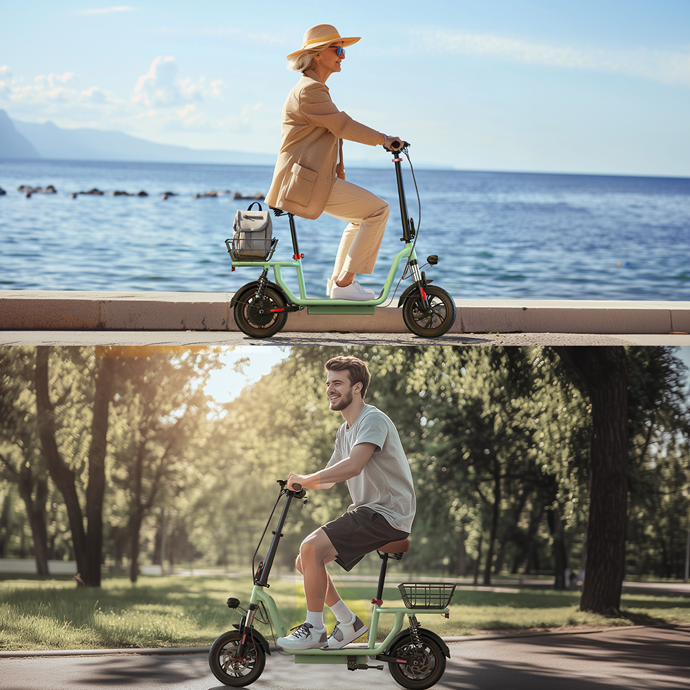 Donna guida scooter verde menta vicino al mare, uomo guida scooter nel parco.