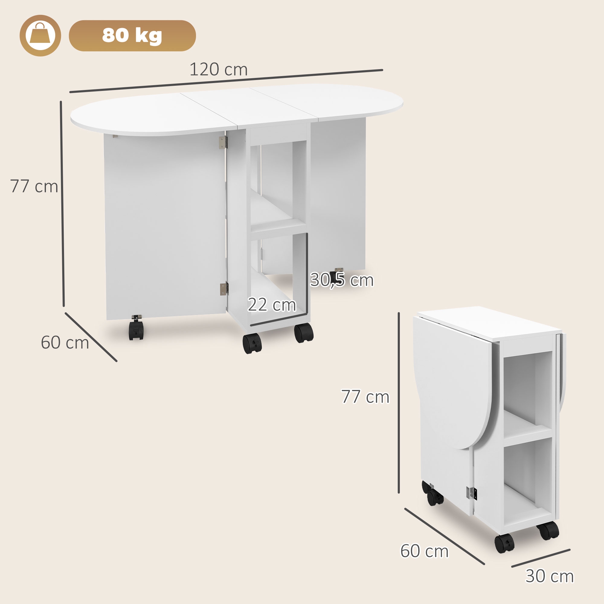 Una mesa blanca plegable con ruedas, estantes y dimensiones.