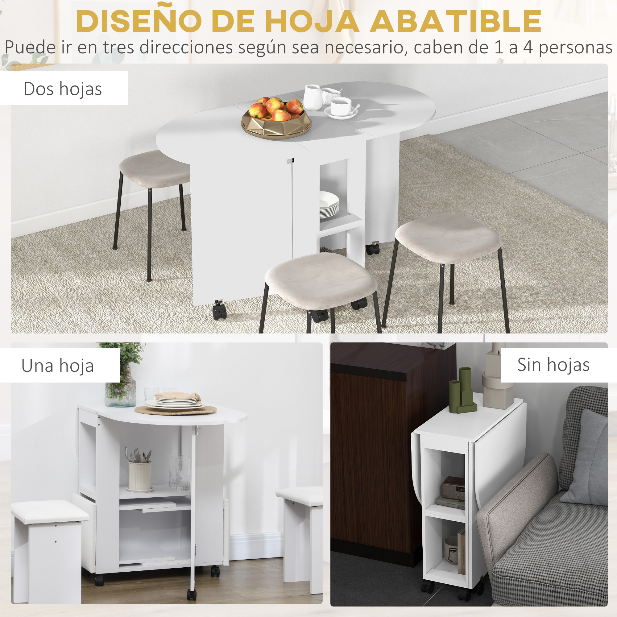 Una mesa plegable blanca se muestra con taburetes en varias configuraciones: dos hojas, una hoja, sin hojas.