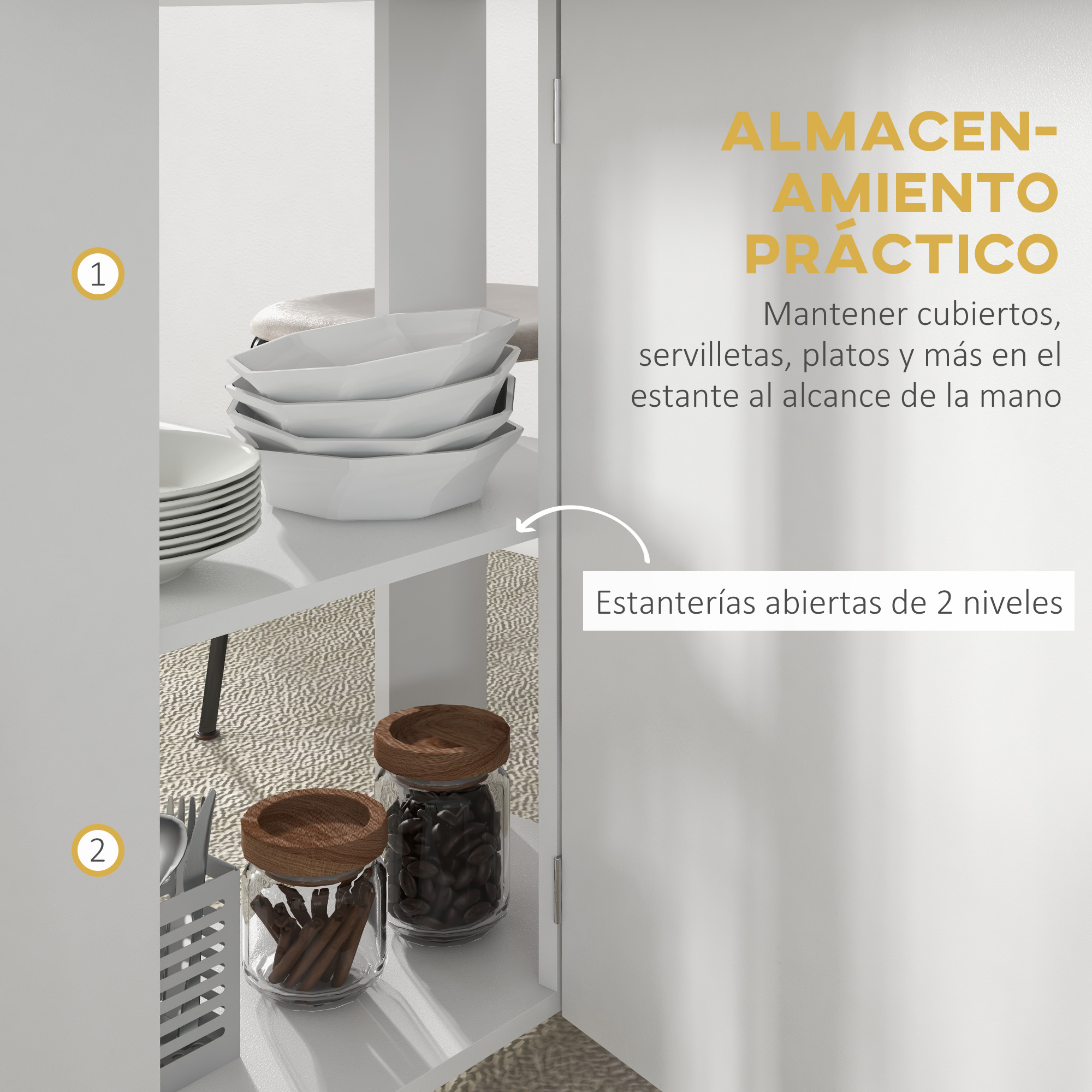 Cuencos y platos blancos en un estante, junto a frascos con granos de café.