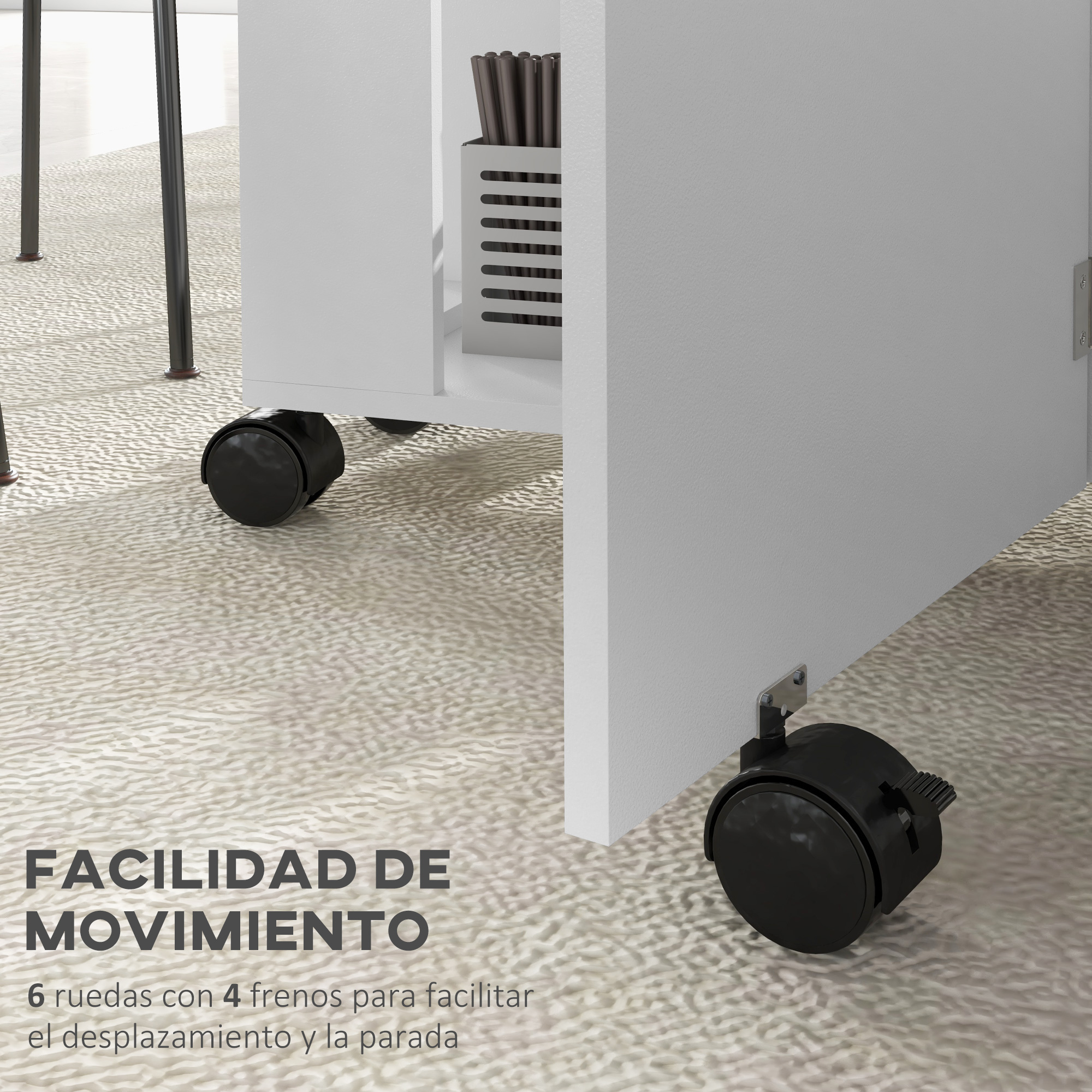 Un mueble blanco con ruedas negras sobre suelo alfombrado.