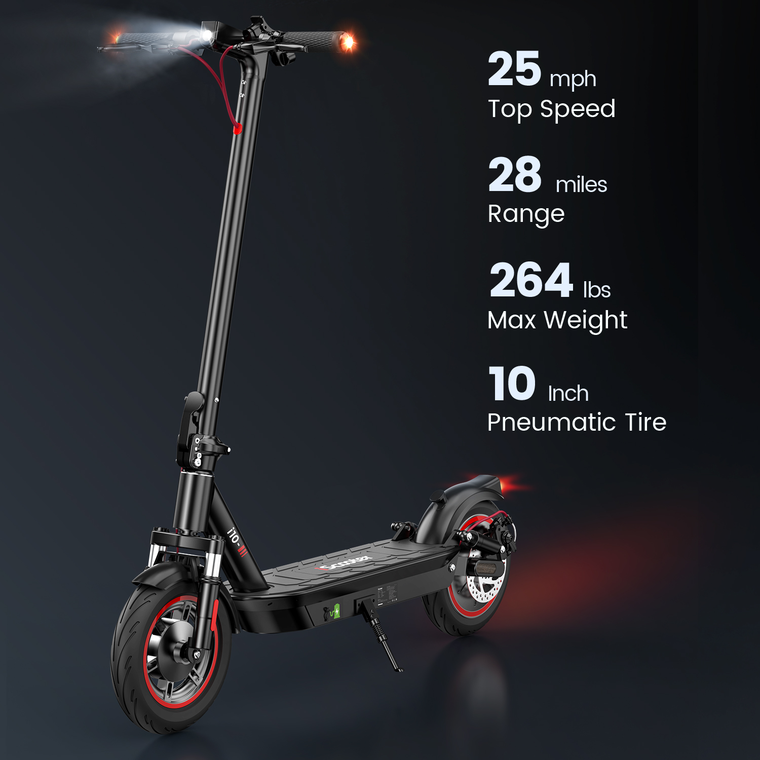 Monopattino elettrico nero con accenti rossi, 25 mph velocità massima.