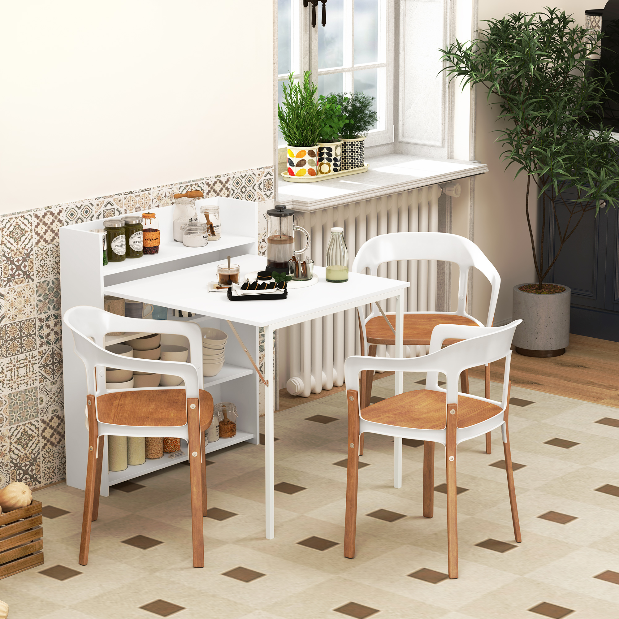 Una mesa de comedor blanca con cuatro sillas en una habitación luminosa con ventana.