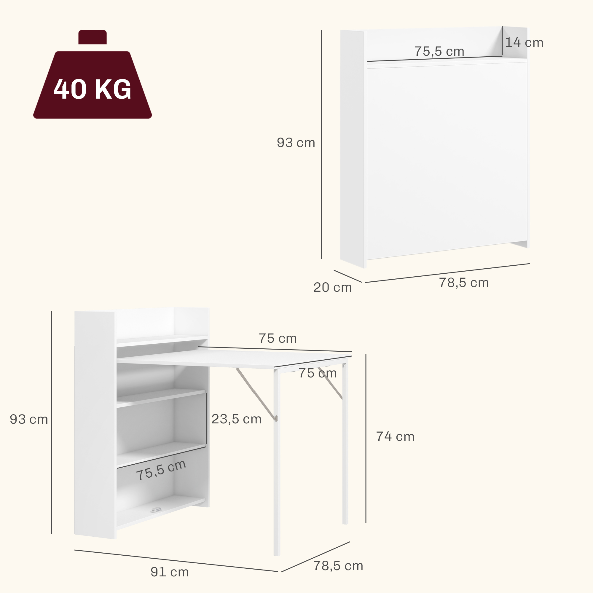 Un escritorio blanco de pared con estantes, 93cm de alto, y un icono de límite de 40kg.