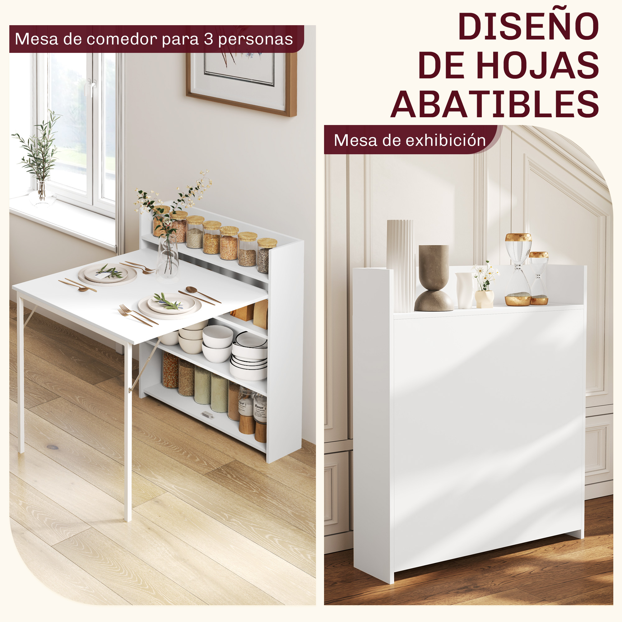 Una mesa de comedor abatible para 3 personas y un mueble de exhibición.