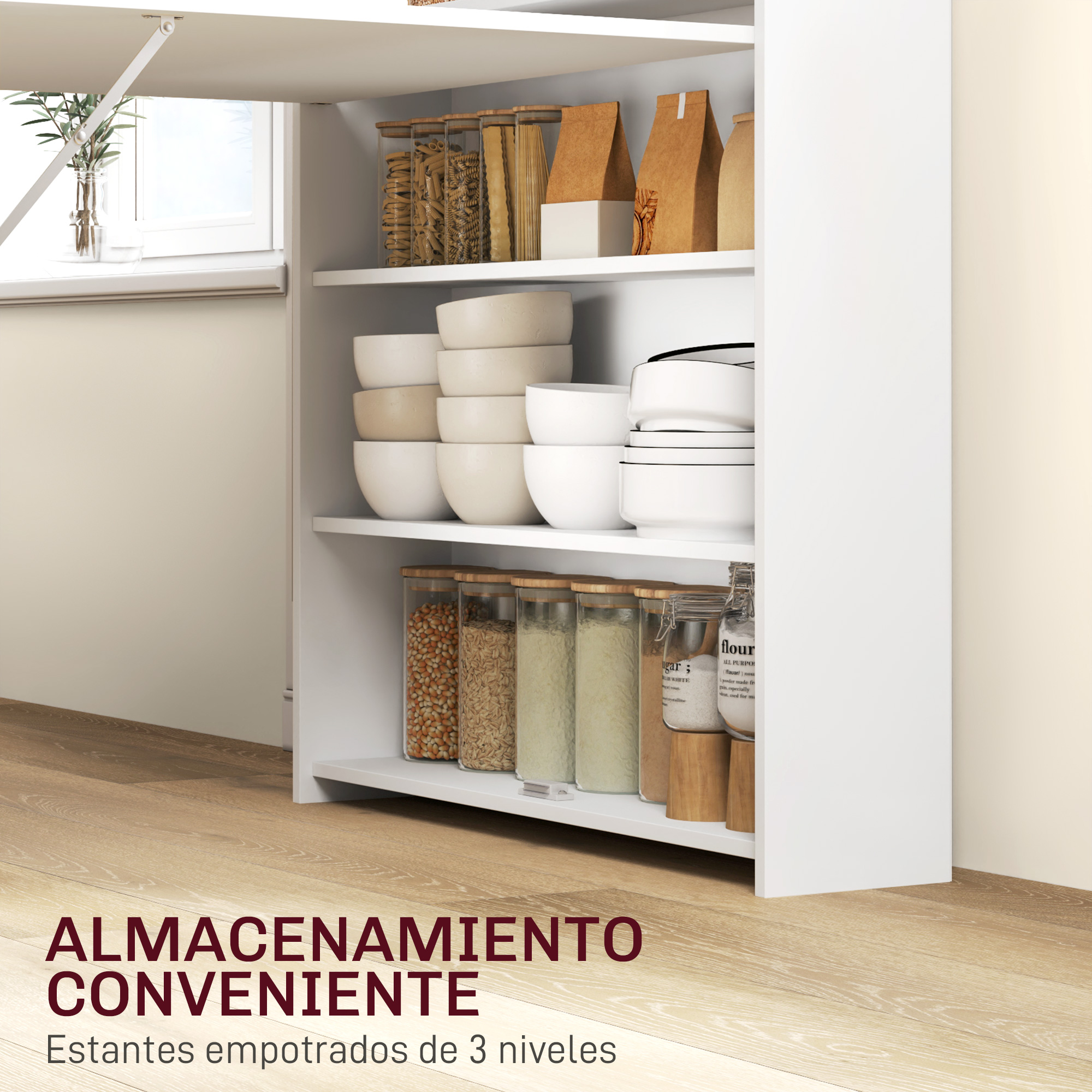 Una despensa de cocina blanca de tres niveles llena de provisiones.