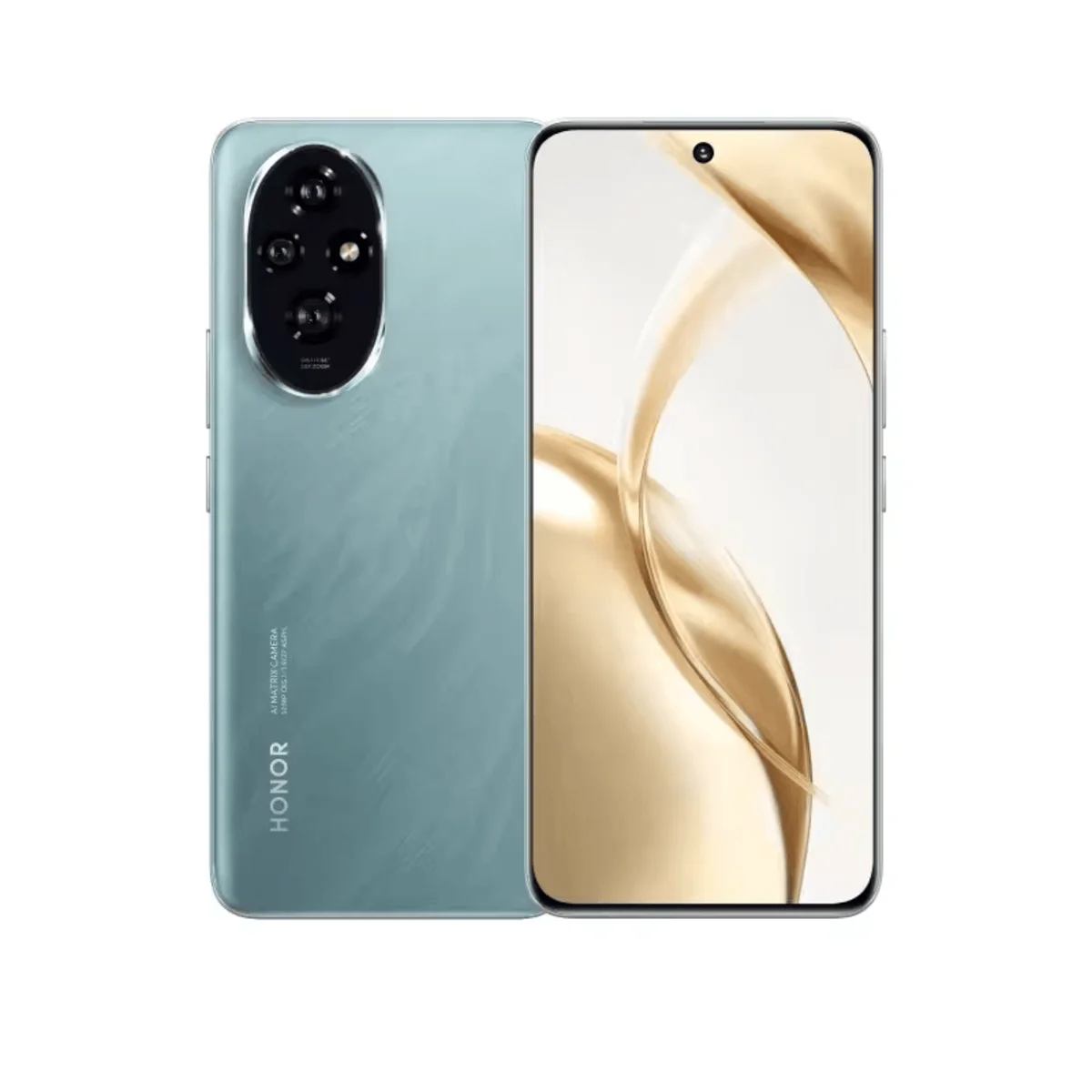 Ein hellgrünes Smartphone mit vier Kameras und einem goldenen Muster auf dem Bildschirm.