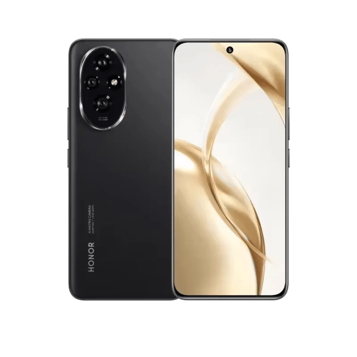 Ein schwarzes Honor Smartphone mit Matrixkamera und goldenem Hintergrund auf dem Bildschirm.