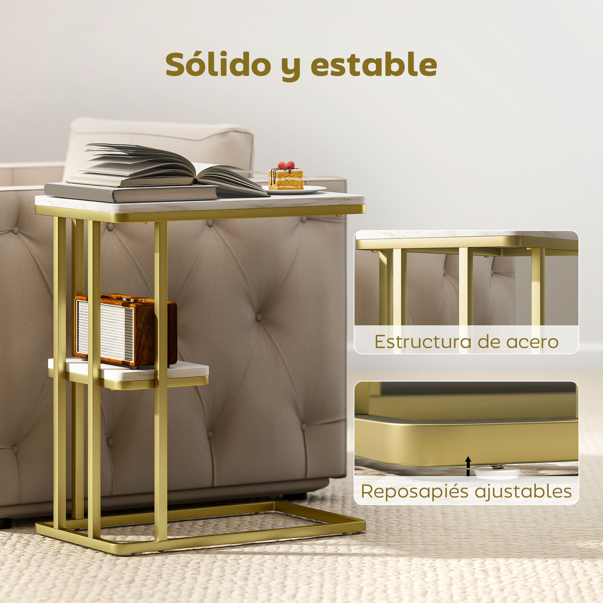 Una mesa auxiliar con tapa de mármol, patas doradas y libros.