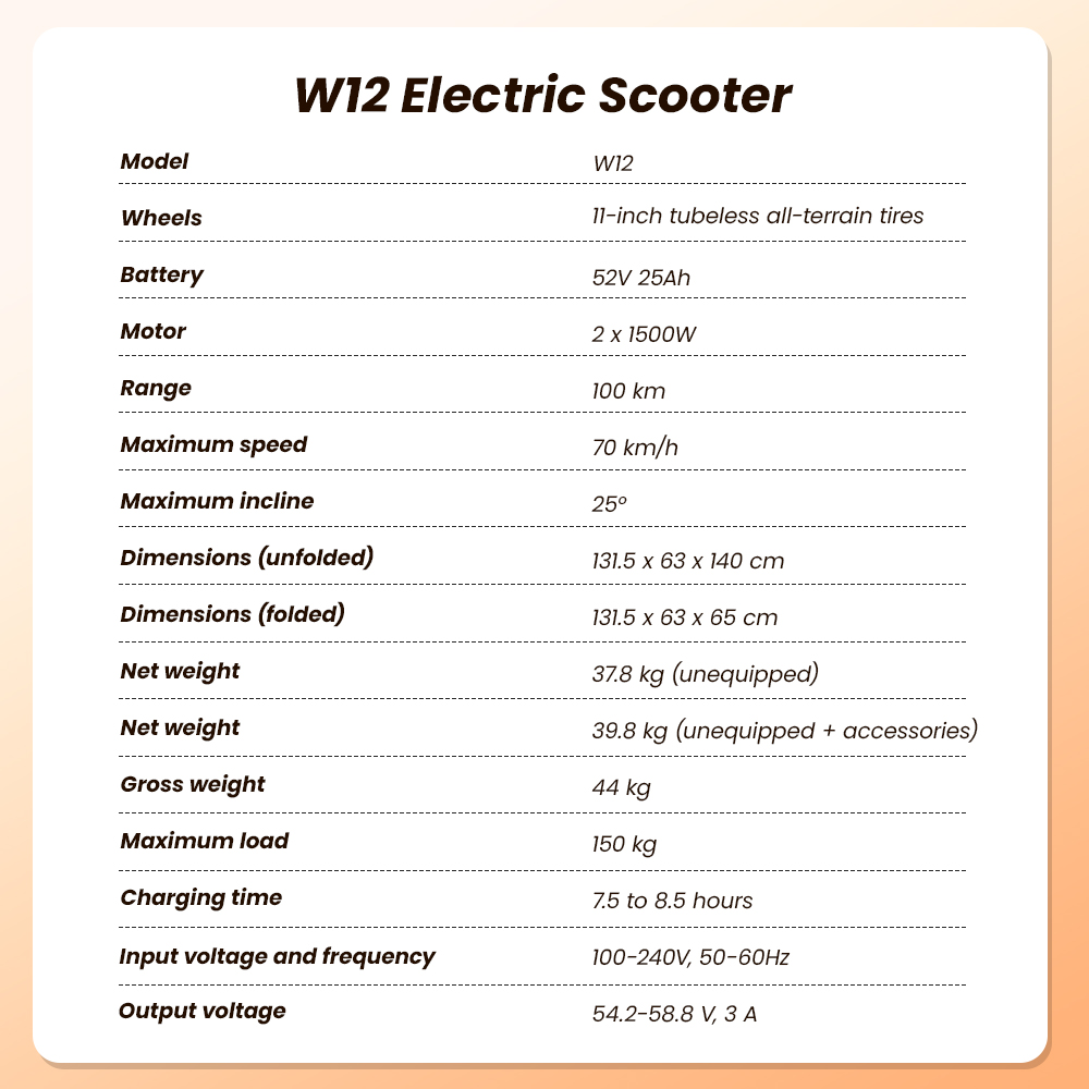 Specifiche Monopattino Elettrico W12: Modello W12, gomme 11 pollici, batteria 52V 25Ah, motore 2x1500W.