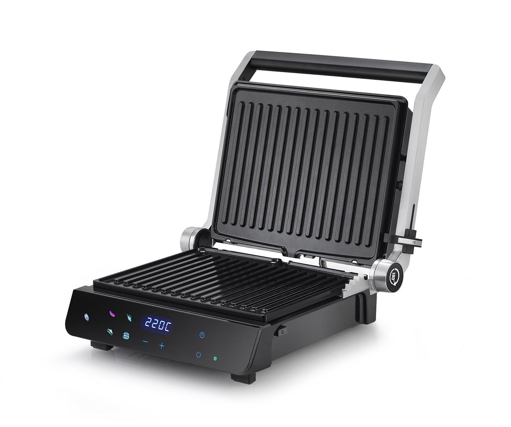 Ein offener, schwarzer Kontaktgrill mit silbernen Akzenten und digitaler Anzeige.