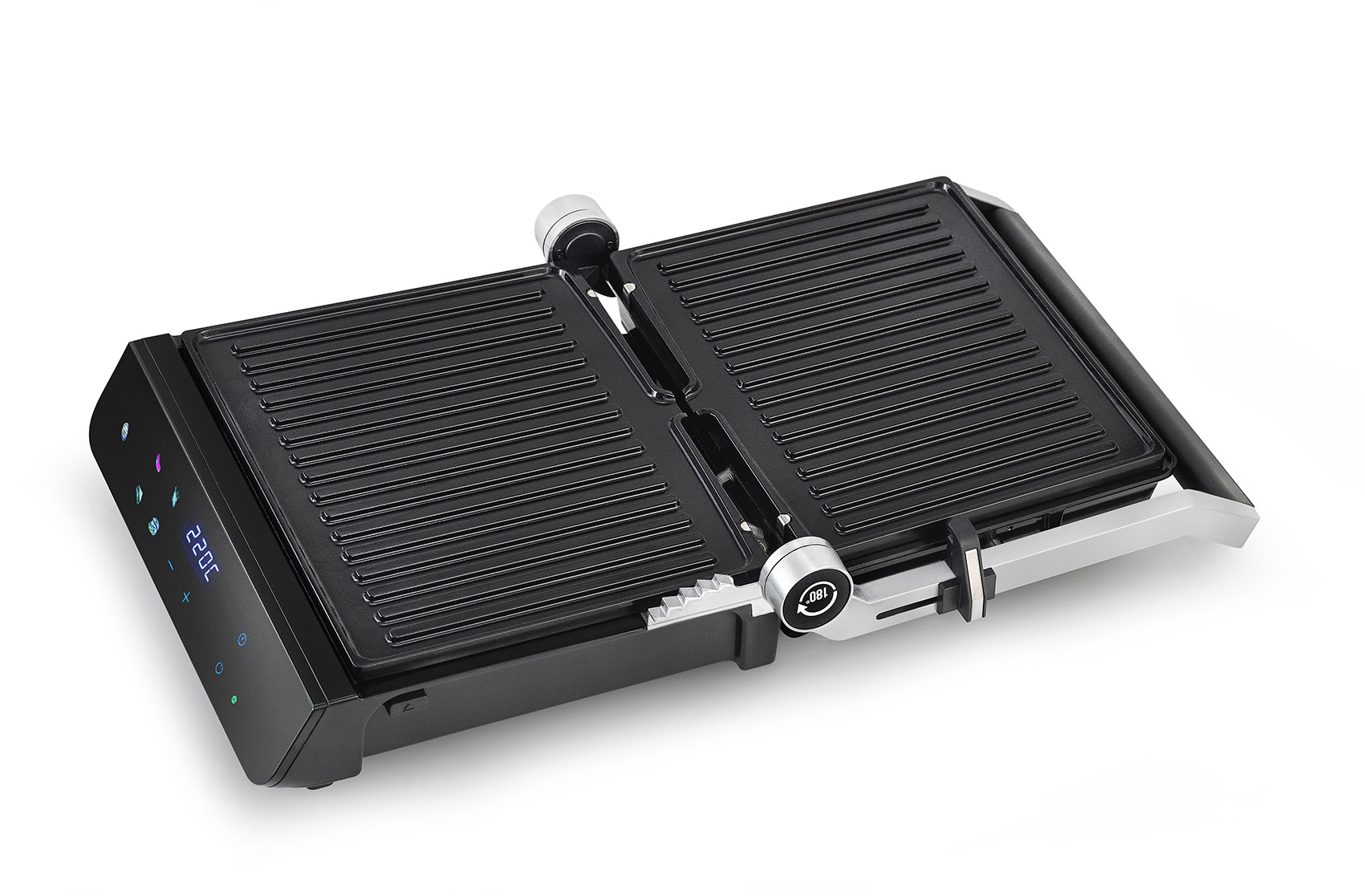Ein offener Kontaktgrill mit schwarzer, geriffelter Grillplatte und digitaler Anzeige.