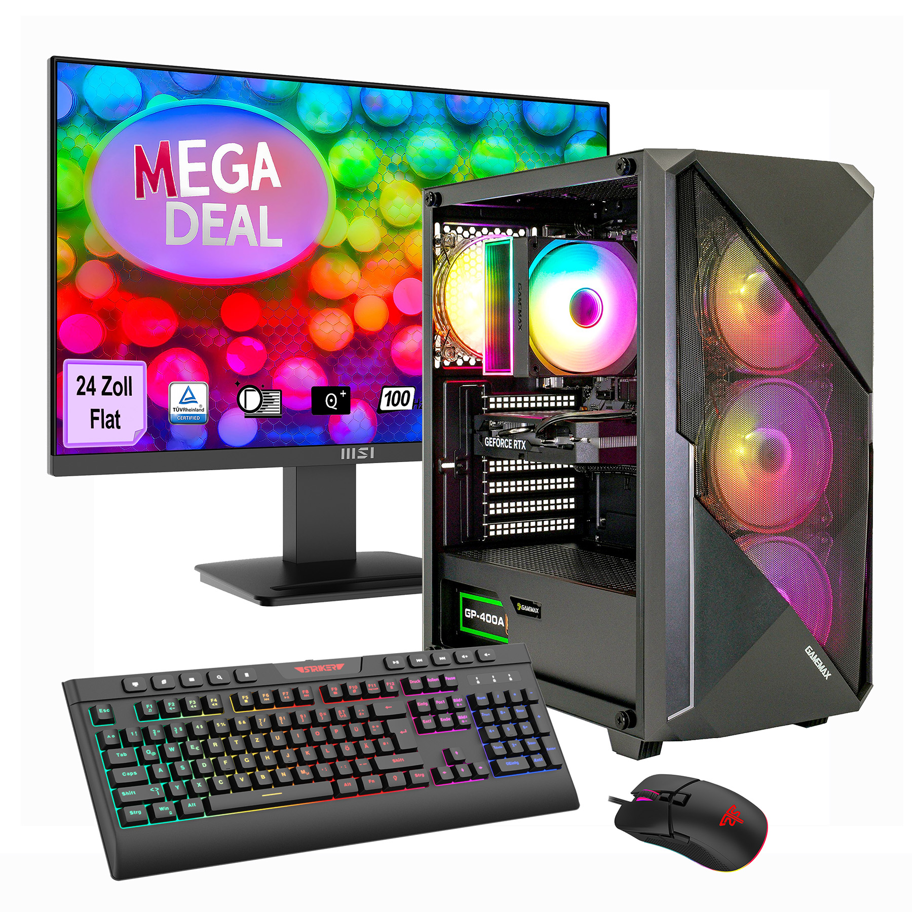 Ein Gaming-PC-Set mit Monitor, Tastatur und Maus, beleuchtet.