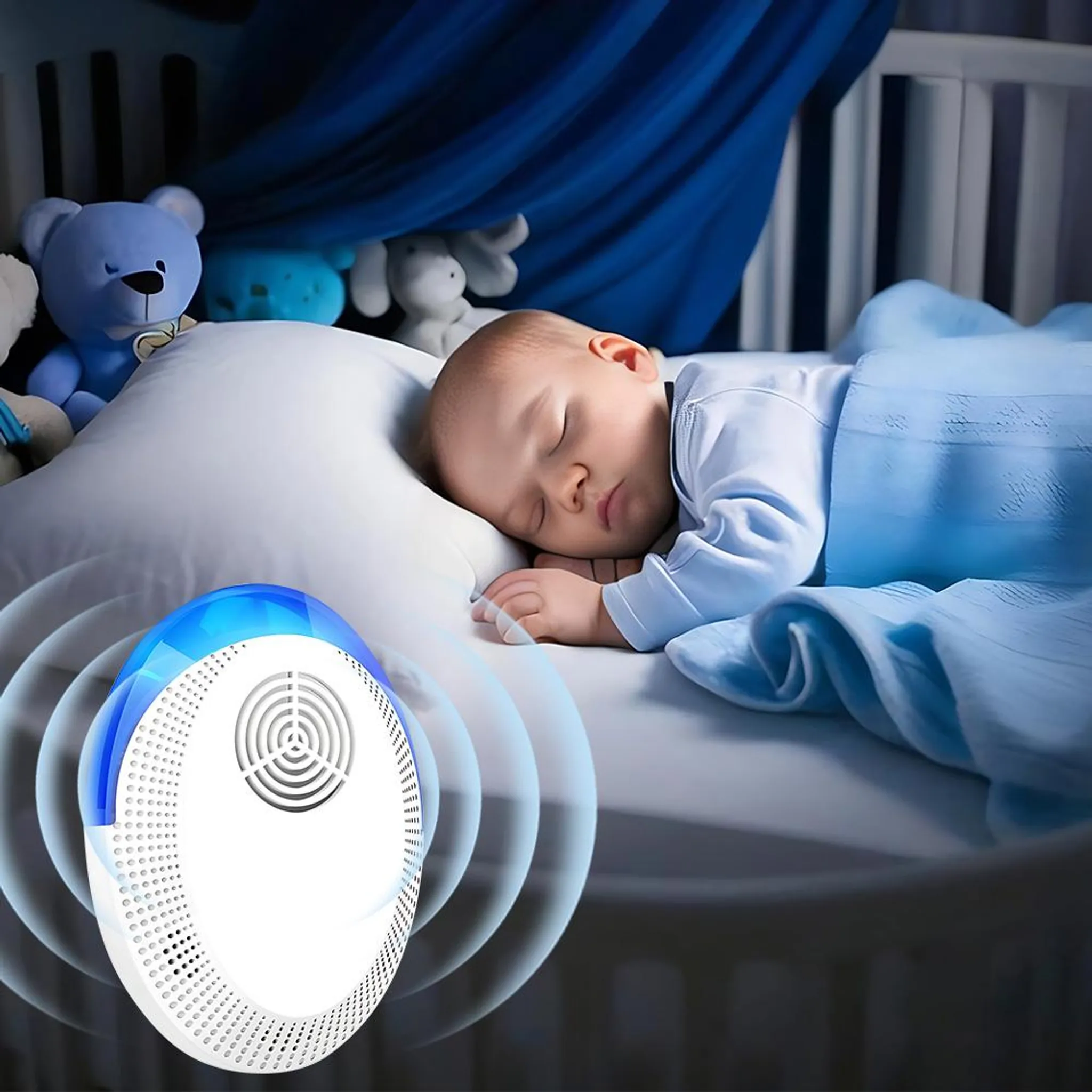Ein Baby schläft in einem Kinderbett neben einem blauen Teddybär und einem Nachtlicht.