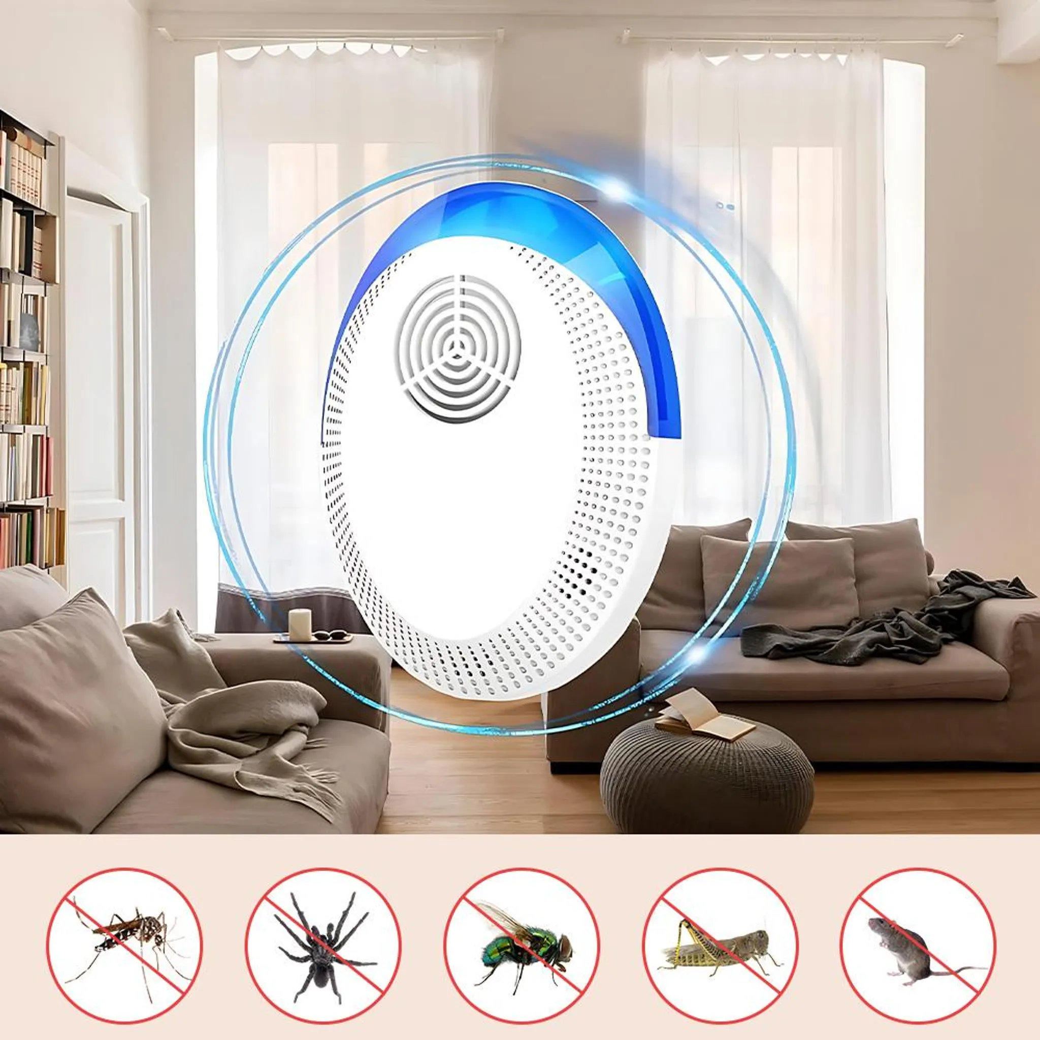 Weißer Schädlingsbekämpfer mit blauem Licht im Wohnzimmer, zeigt Icons von Mücke, Spinne, Fliege, Grashüpfer, Maus.