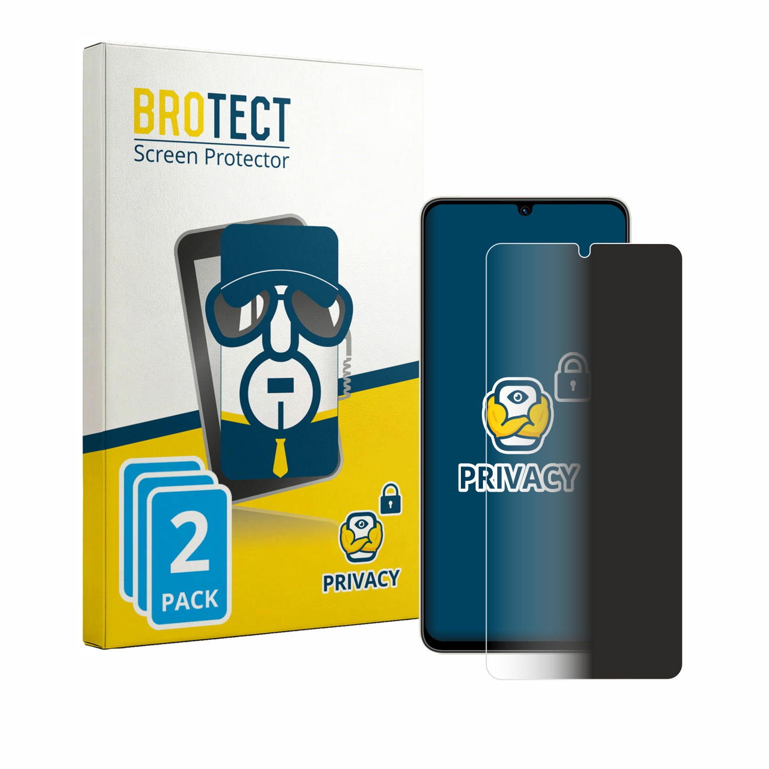 BROTECT Sichtschutzfolie 2er Packung Karton und eine Sichtschutzfolie auf einem Handy.