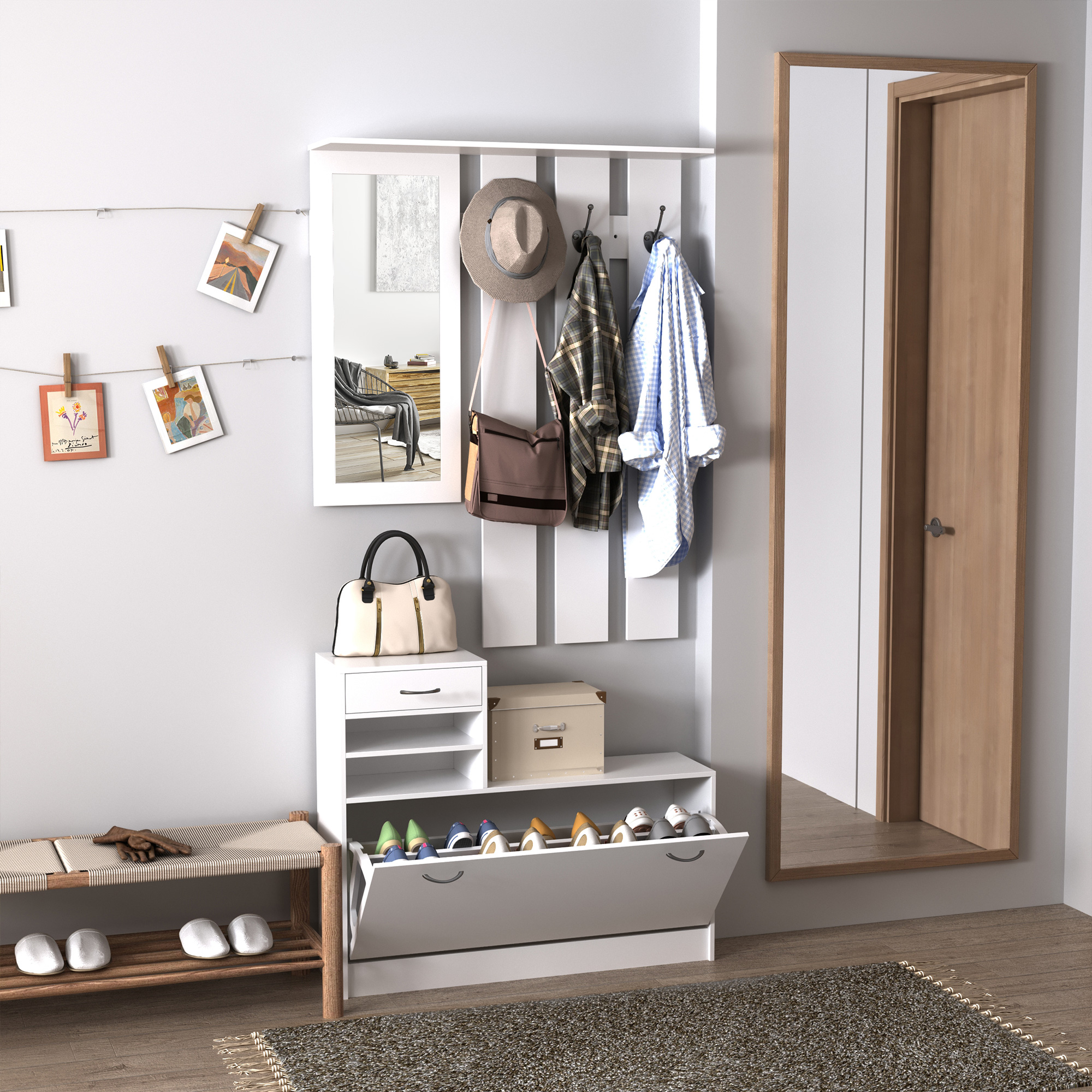 Mueble de recibidor con espejo, sombrero, chaquetas, bolso, zapatero y banco.