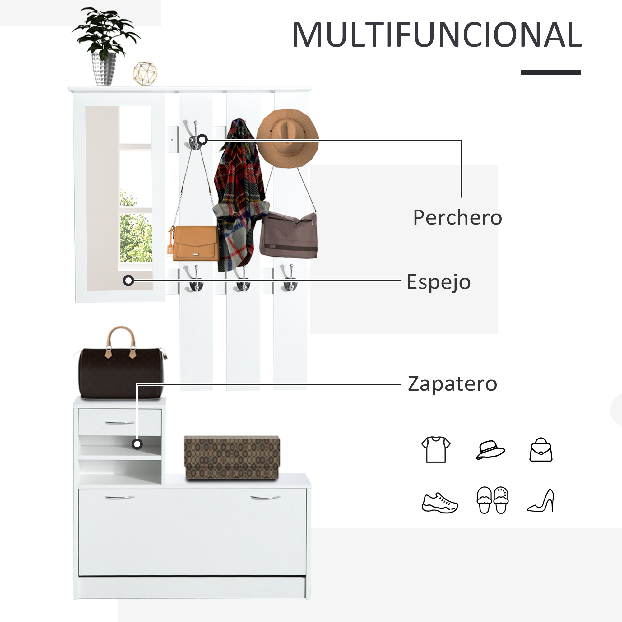 Árbol de pasillo blanco con espejo, ganchos para abrigos, bolsos, sombrero y zapatero.