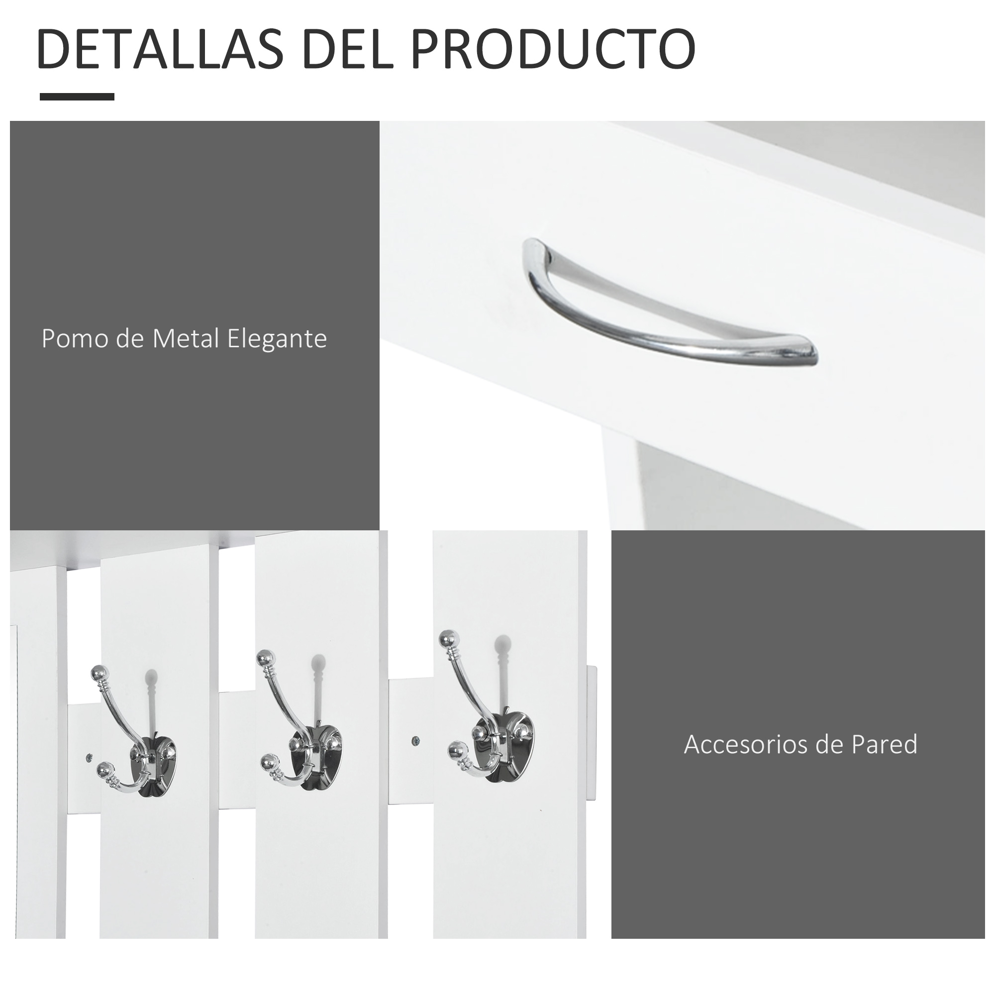 Ganchos de pared blancos con pomos plateados y un asa.