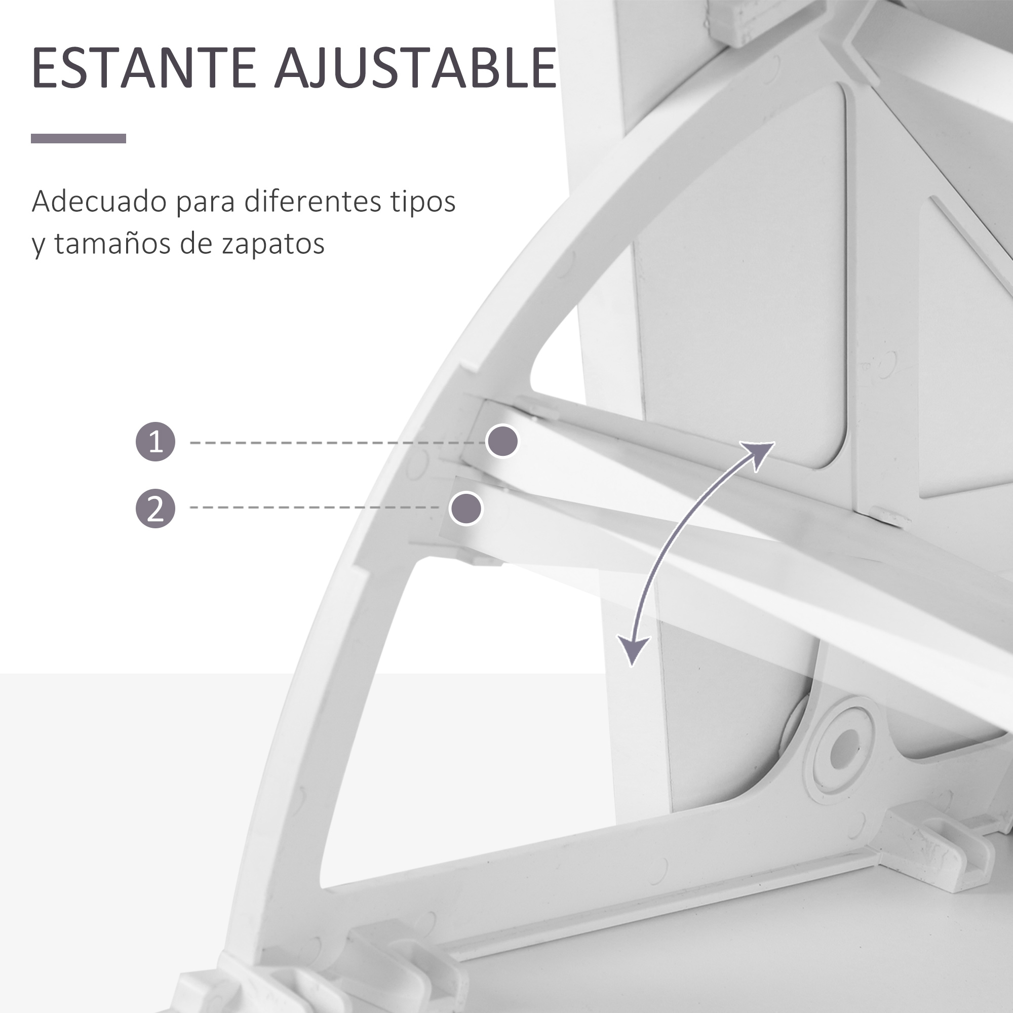 Primer plano de zapatero blanco ajustable, mostrando puntos de ajuste y una flecha.