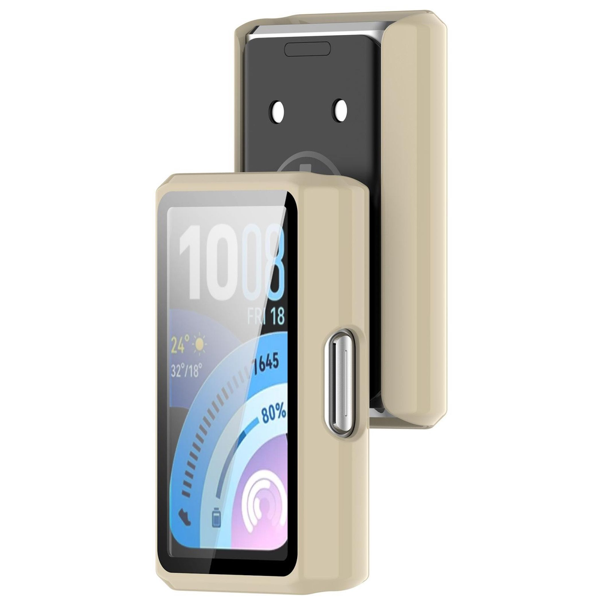 Una custodia beige con display smartwatch che mostra ora e informazioni meteo.