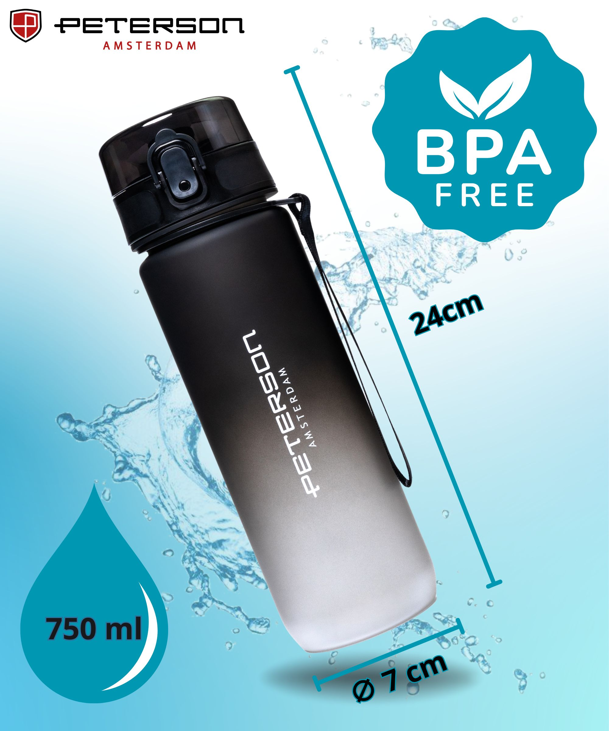 Czarna butelka Peterson 750ml, bez BPA, wysokość 24cm, średnica 7cm.