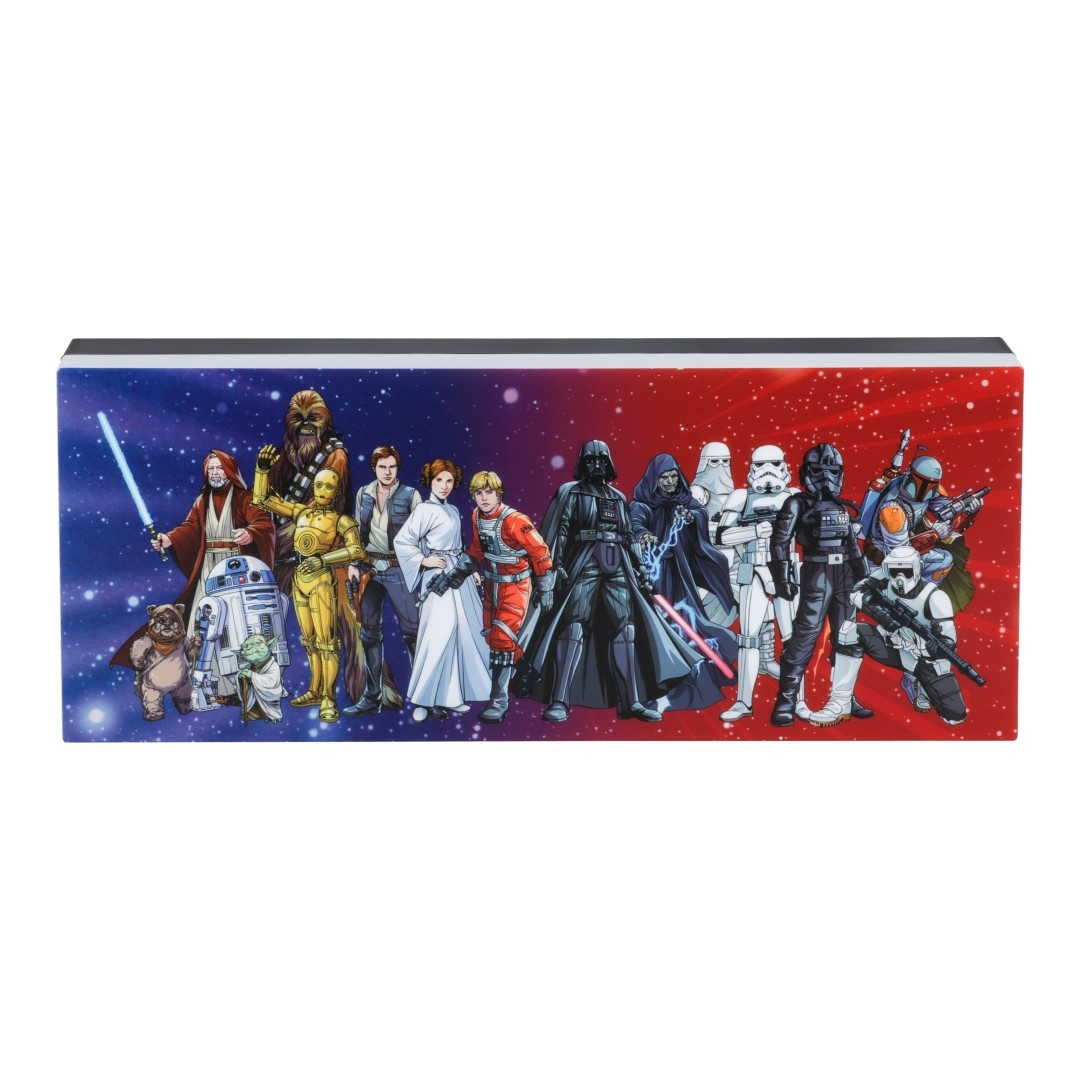 Postacie Star Wars na gwiezdnym tle, podzielone na czerwone i niebieskie.