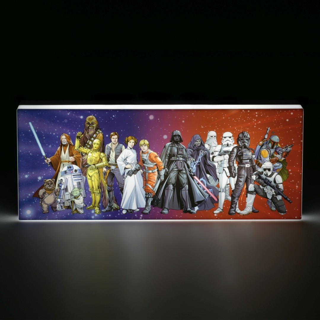 Postacie Star Wars: Obi-Wan, Chewbacca, C-3PO, Leia, Luke, Darth Vader, Imperator, Szturmowcy.