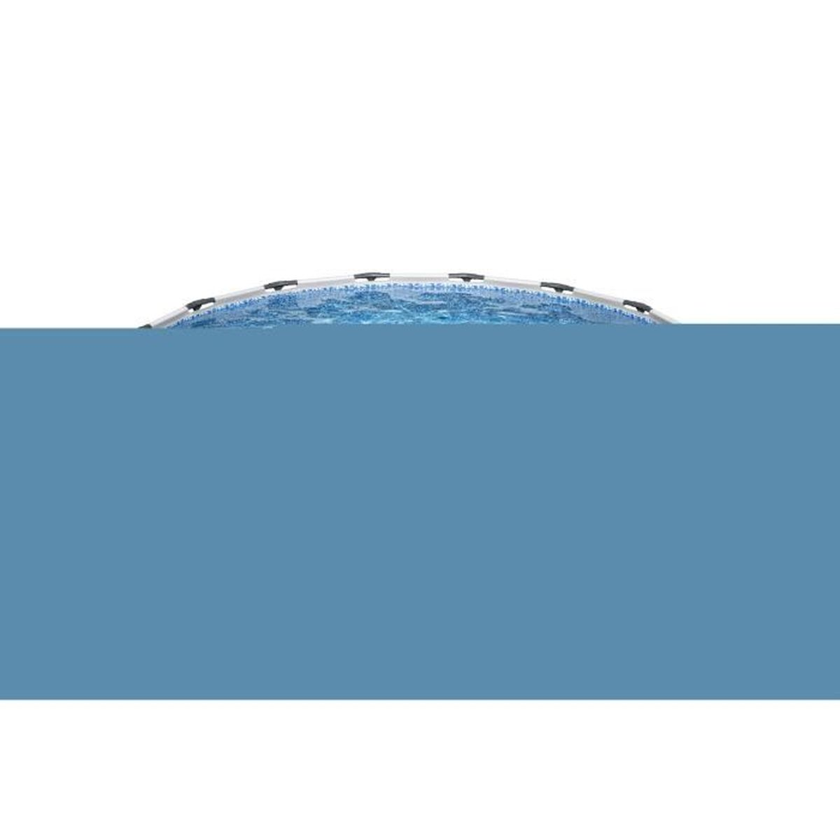 Widok z góry prostokątnego basenu z niebieską wodą i stalową ramą.