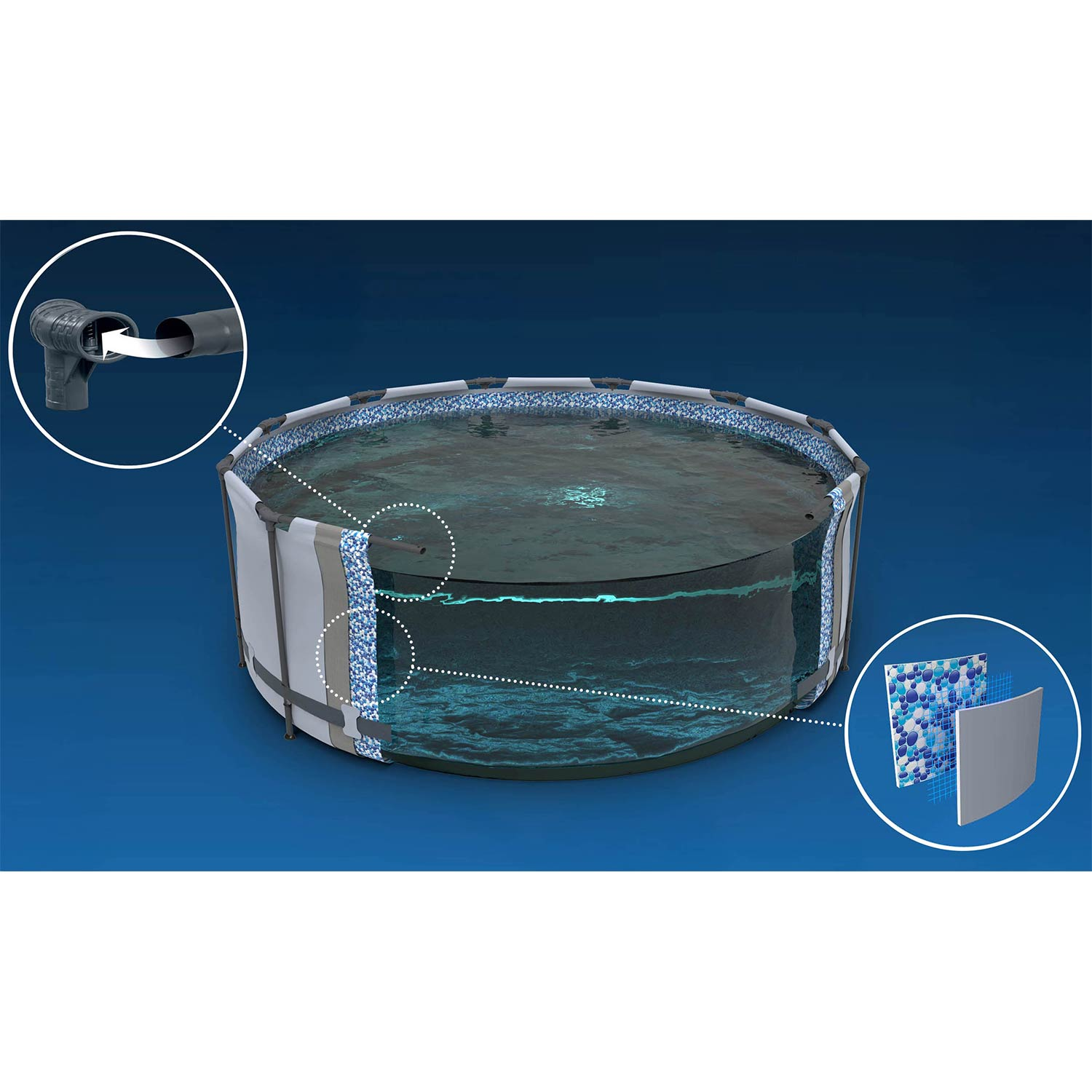 Przekrój basenu pokazujący przyłącze odpływu i detale ściany.