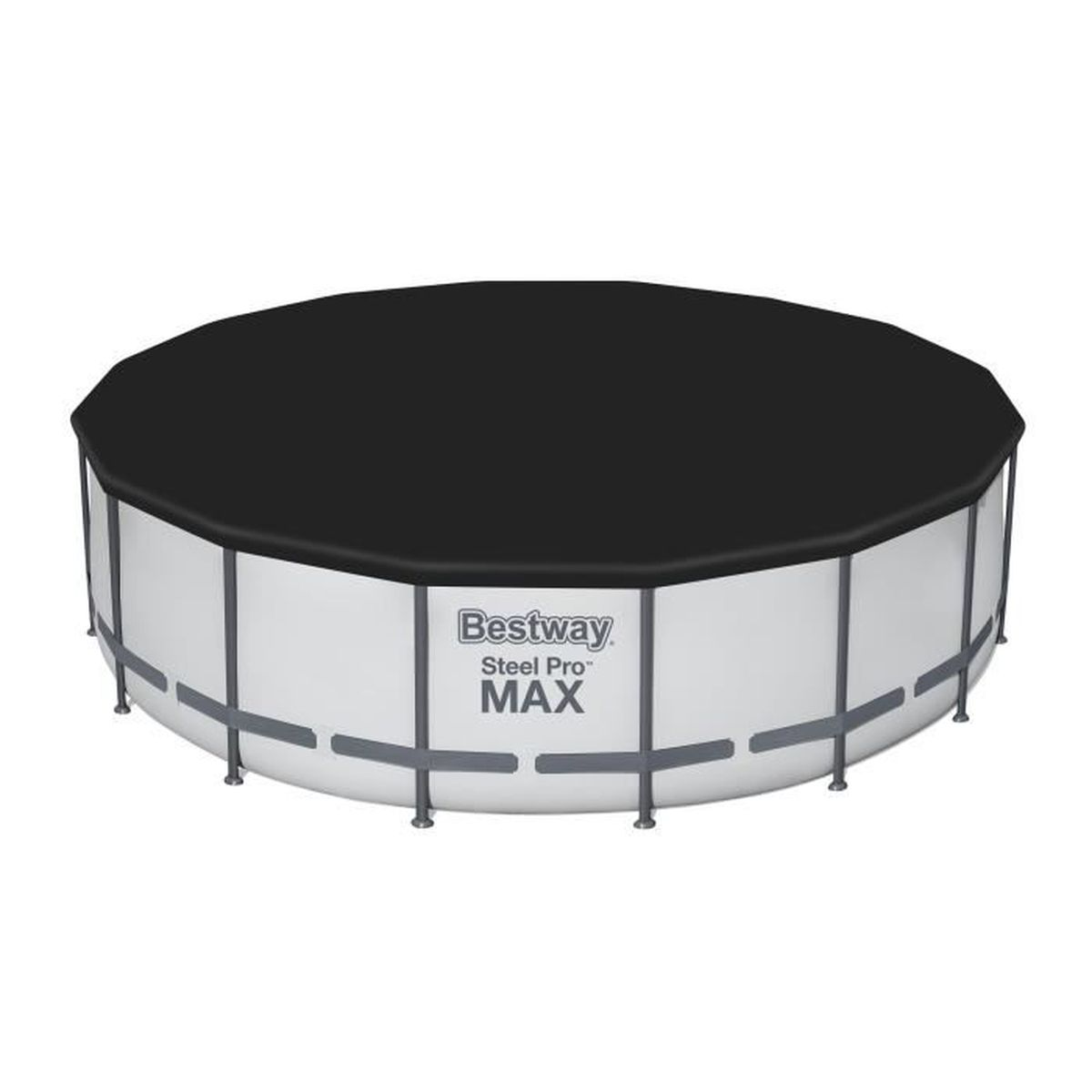 Okrągły basen Bestway Steel Pro MAX z czarną pokrywą, na białym tle.
