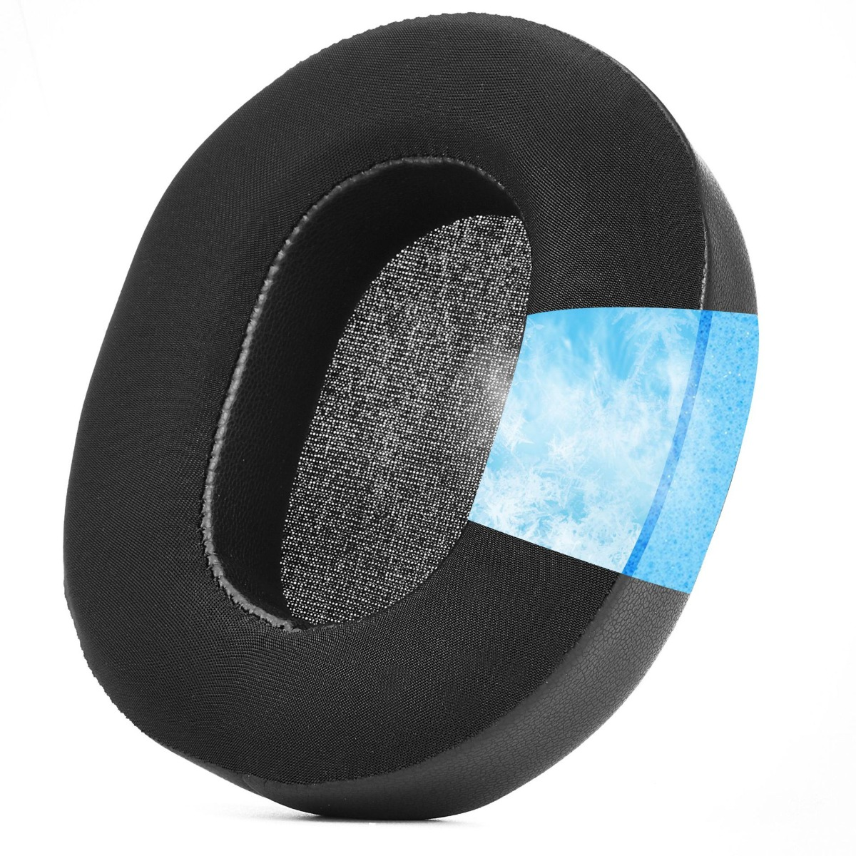 Cuscinetto nero per cuffie con inserto in gel rinfrescante blu e rete.